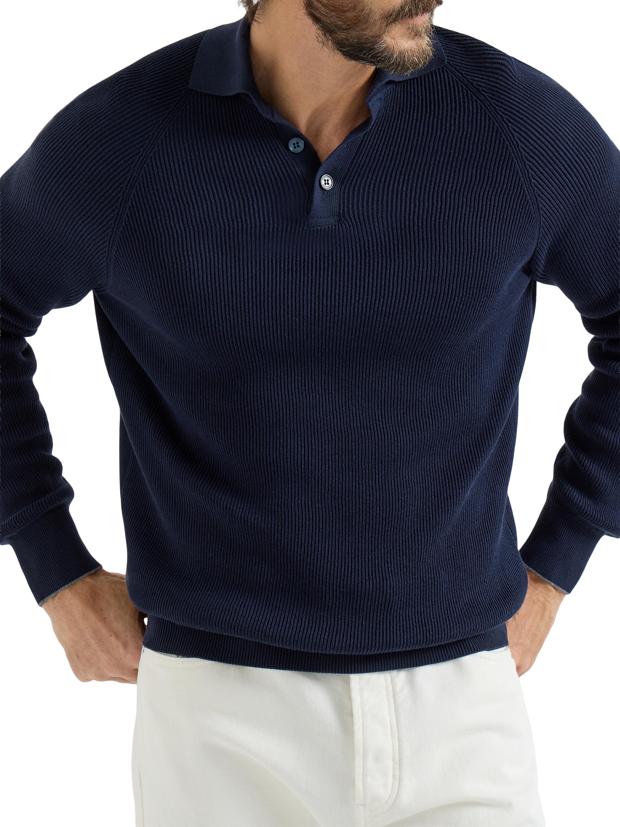 Cotton English Rib Knit Polo Shirt with Long Raglan Sleeves