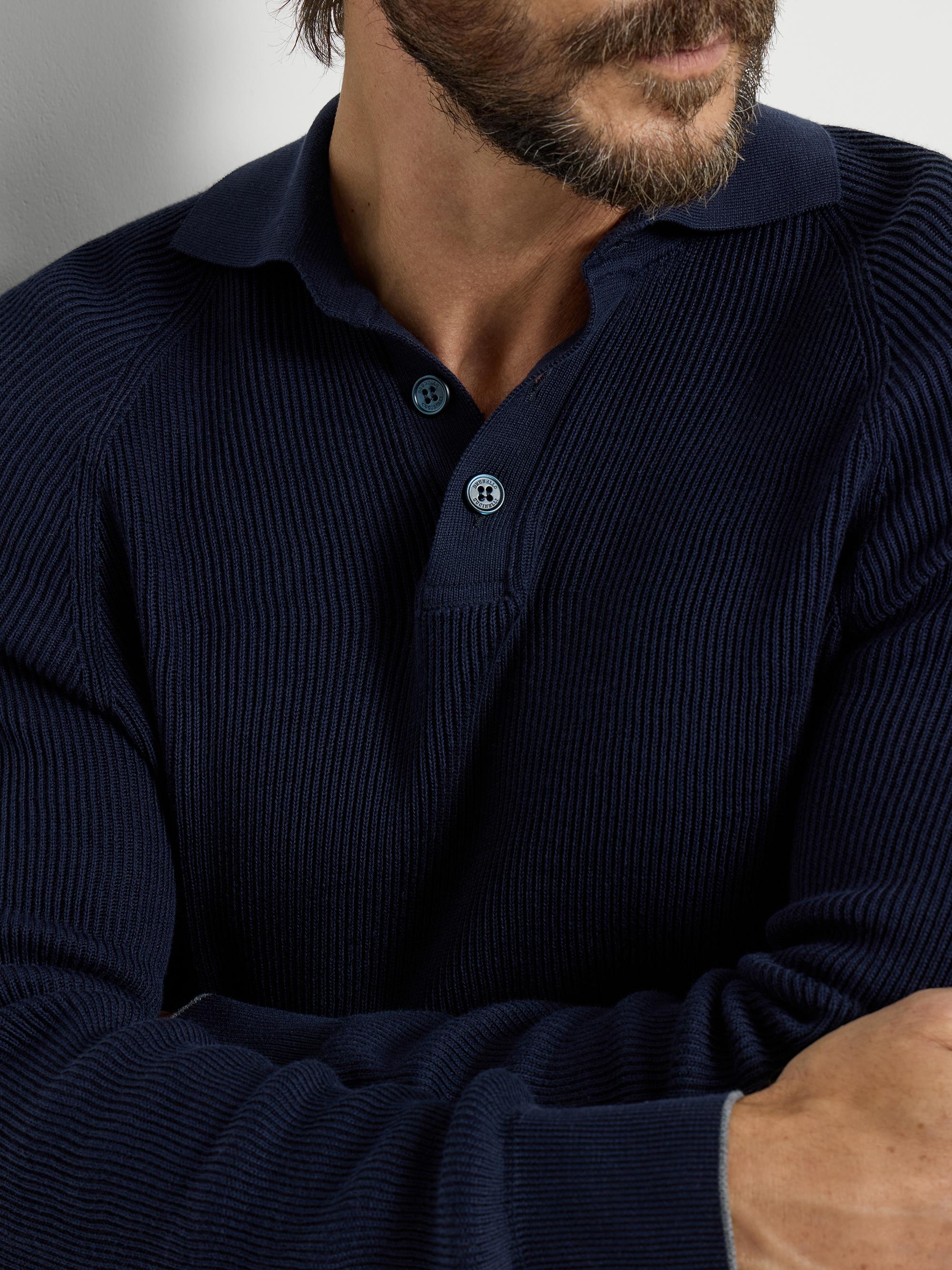 Cotton English Rib Knit Polo Shirt with Long Raglan Sleeves