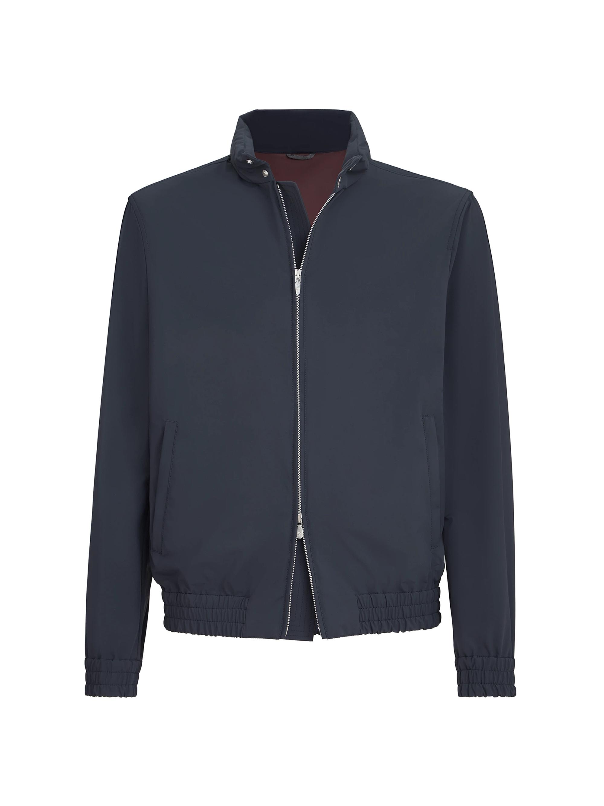 Brunello Cucinelli Men's Bonded Nylon Outerwear Jacket with Packable Hood - Navy Blue