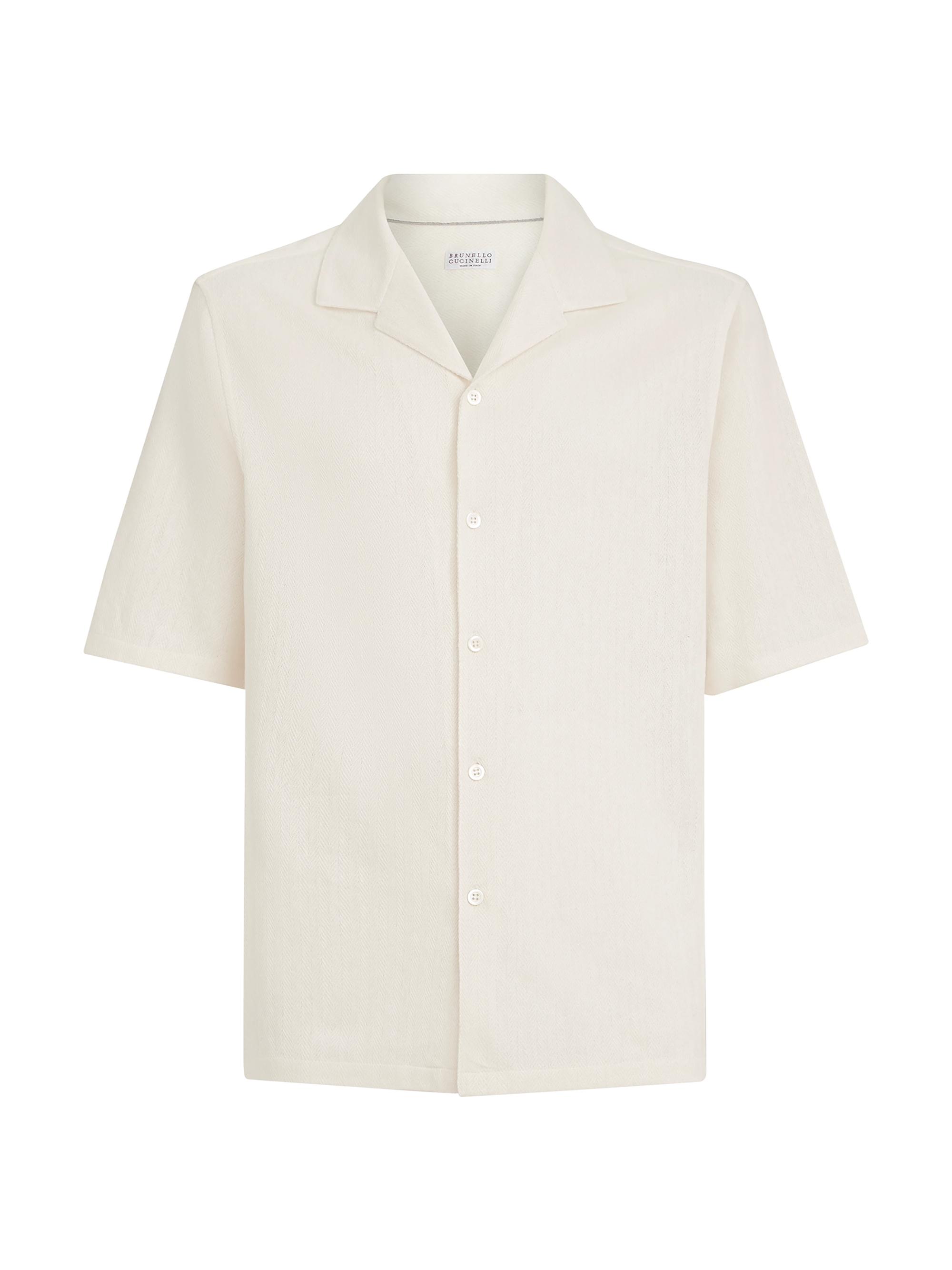 Brunello Cucinelli Men's Linen and Cotton Chevron Jersey Short Sleeve Shirt with Camp Collar - Off White
