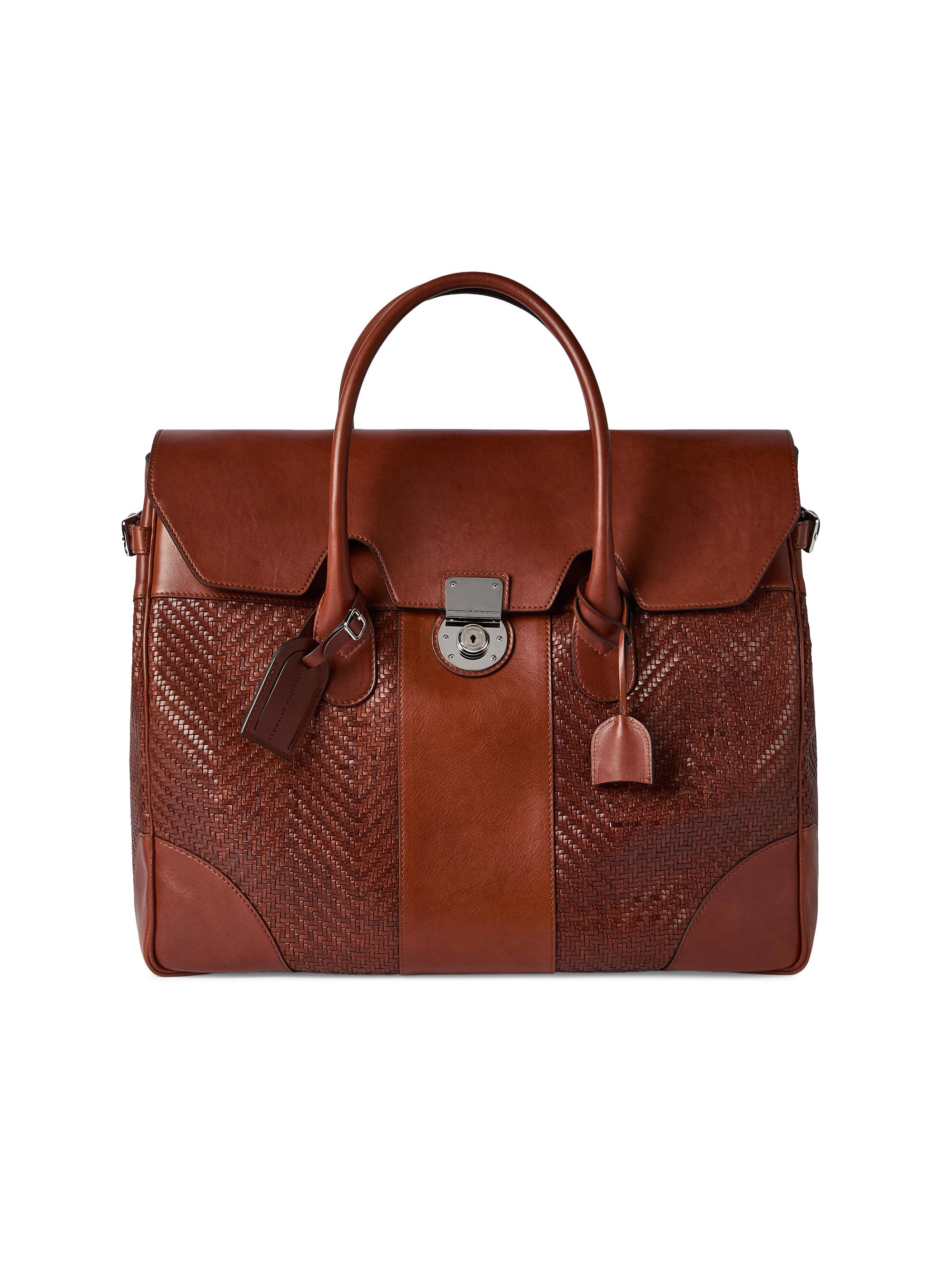 Brunello Cucinelli Men's Braided Leather and Cowhide Boston Bag - Cognac