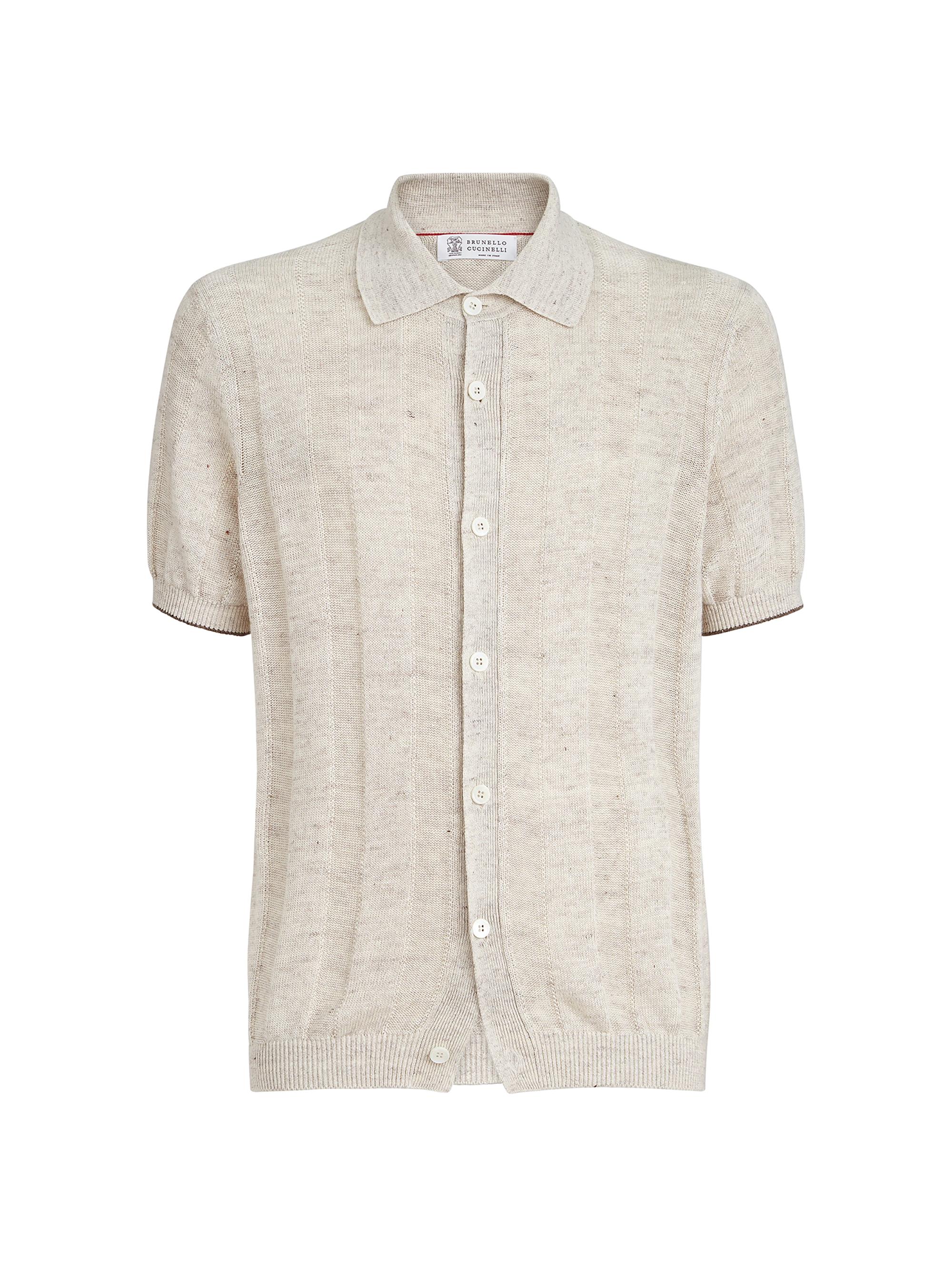 Brunello Cucinelli Men's Linen and Cotton Textured Rib Short Sleeve Knit Shirt - Buff