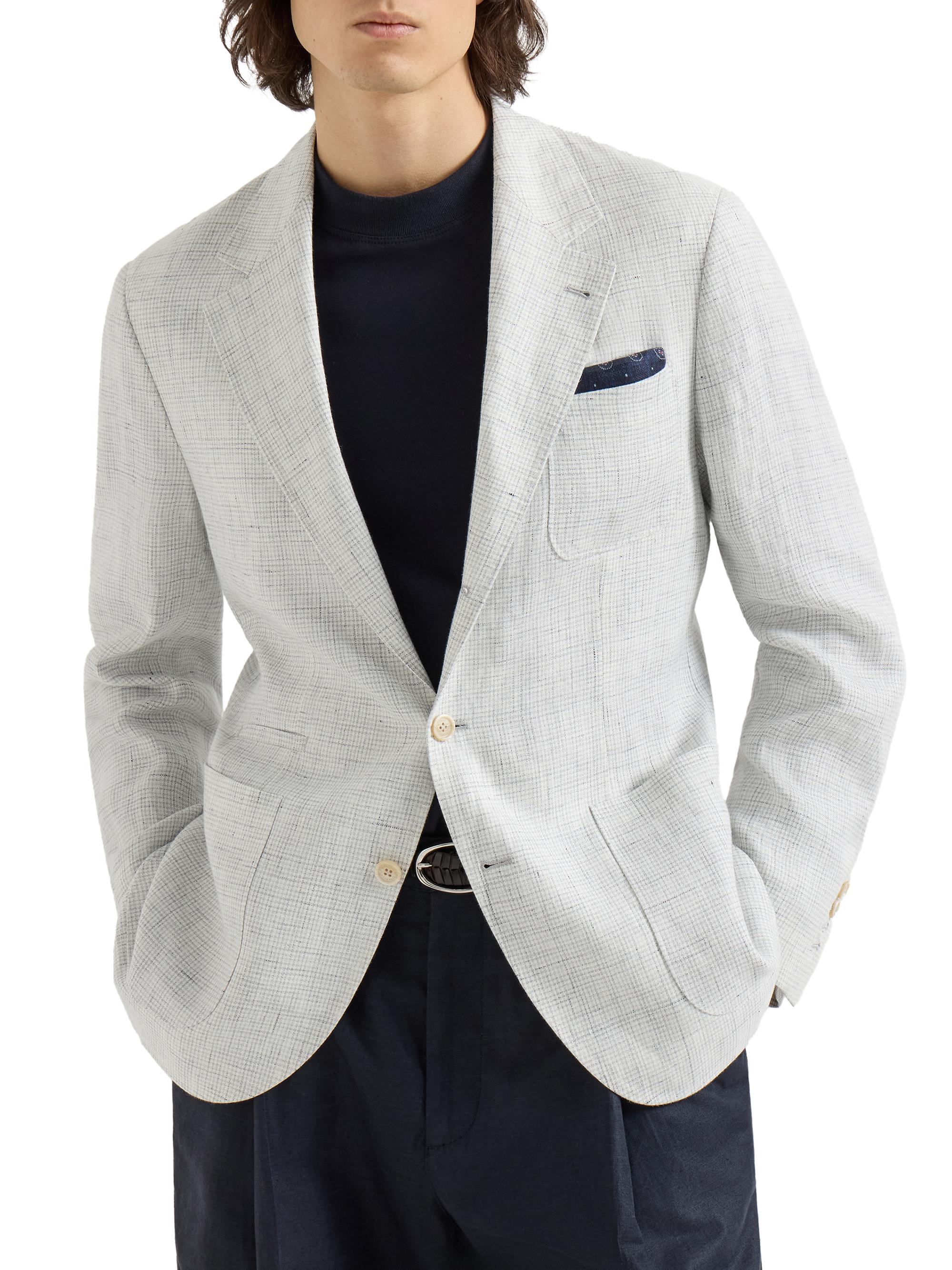 Brunello Cucinelli Men's Linen Houndstooth Deconstructed Blazer with Patch Pockets - Pearl Grey