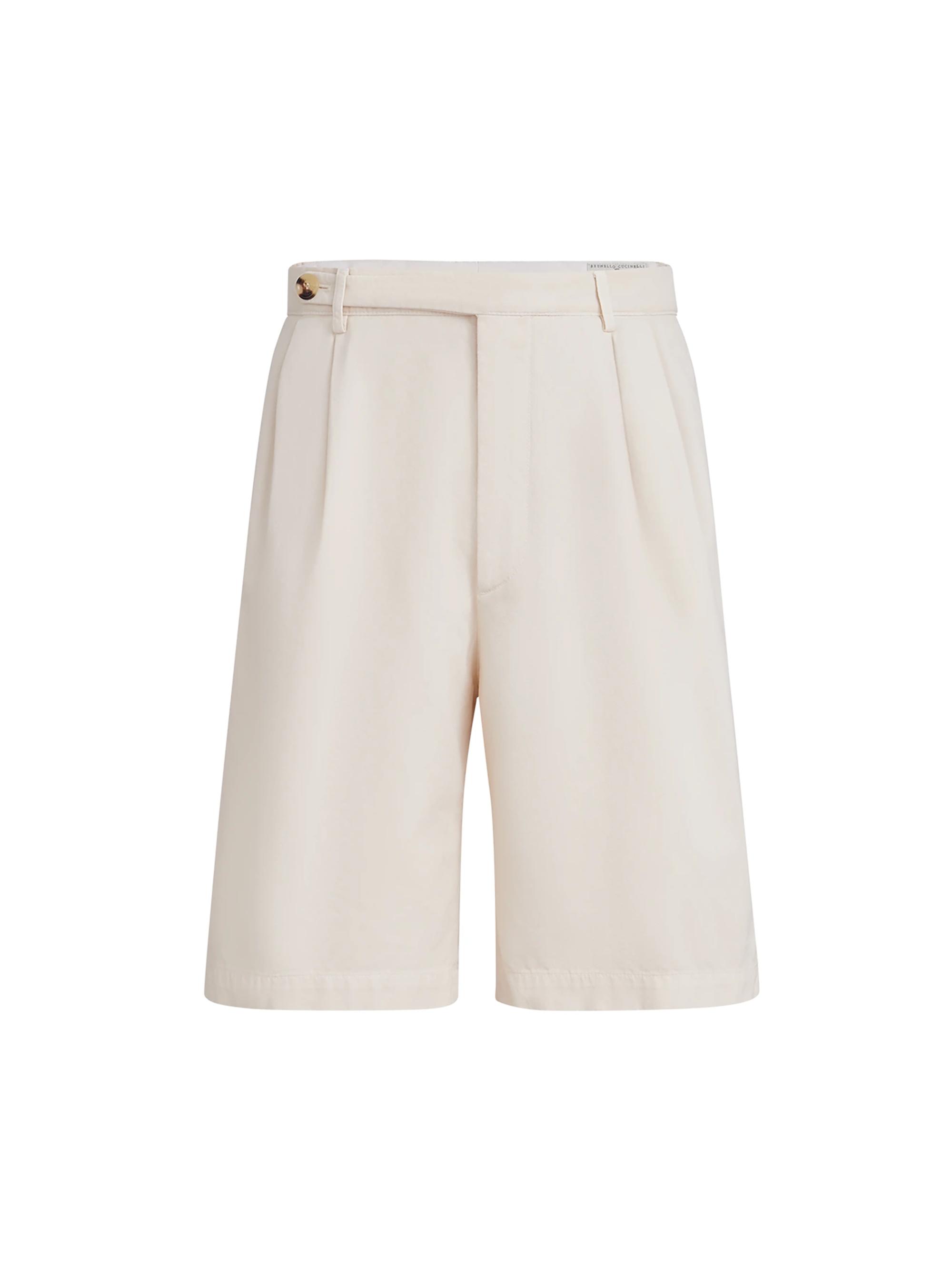Brunello Cucinelli Men's Bermuda Shorts in Twisted Cotton Gabardine with Pleats - Off White