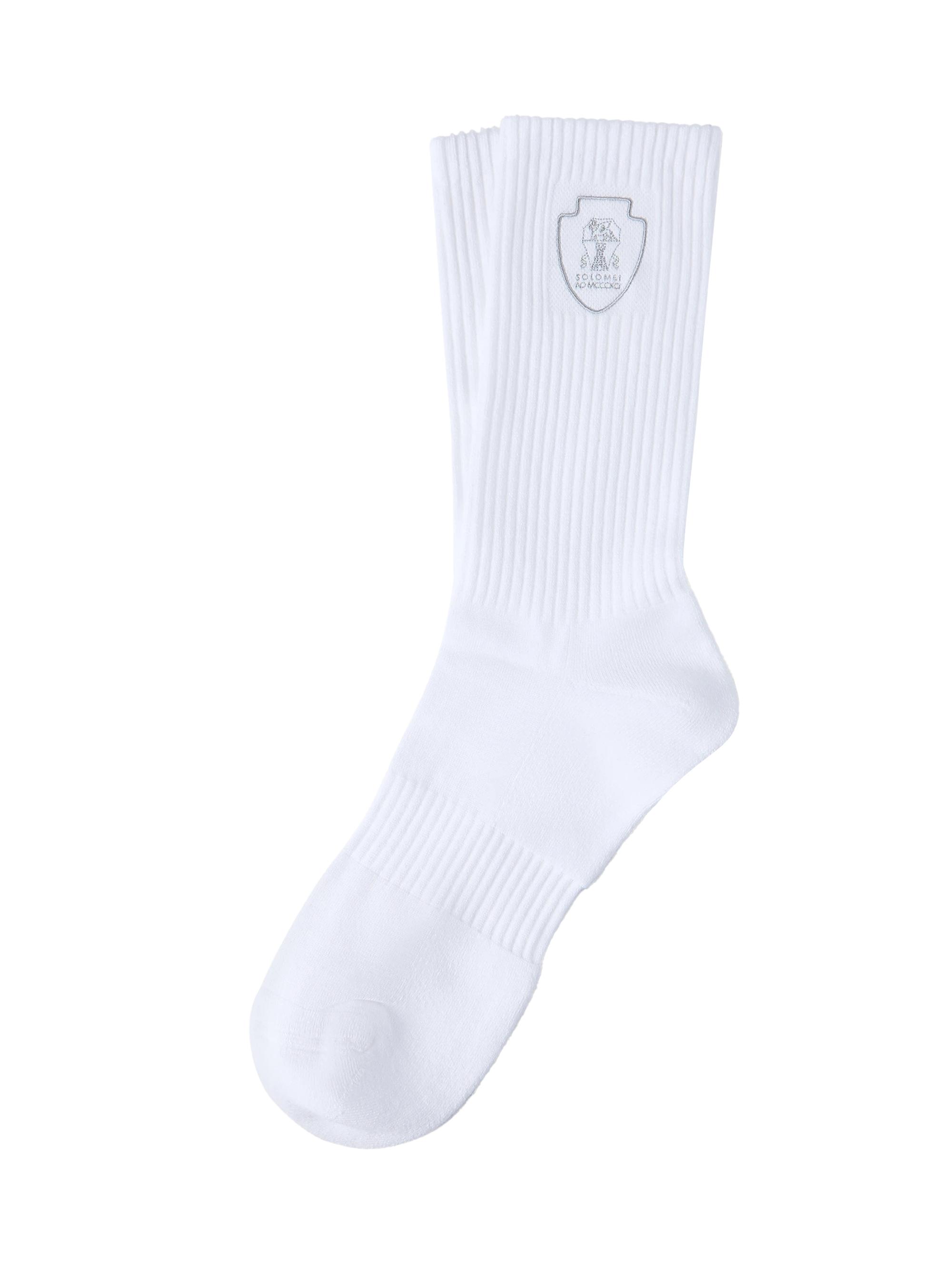 Brunello Cucinelli Men's Techno Cotton Rib Knit Socks with Embroidered Logo - White