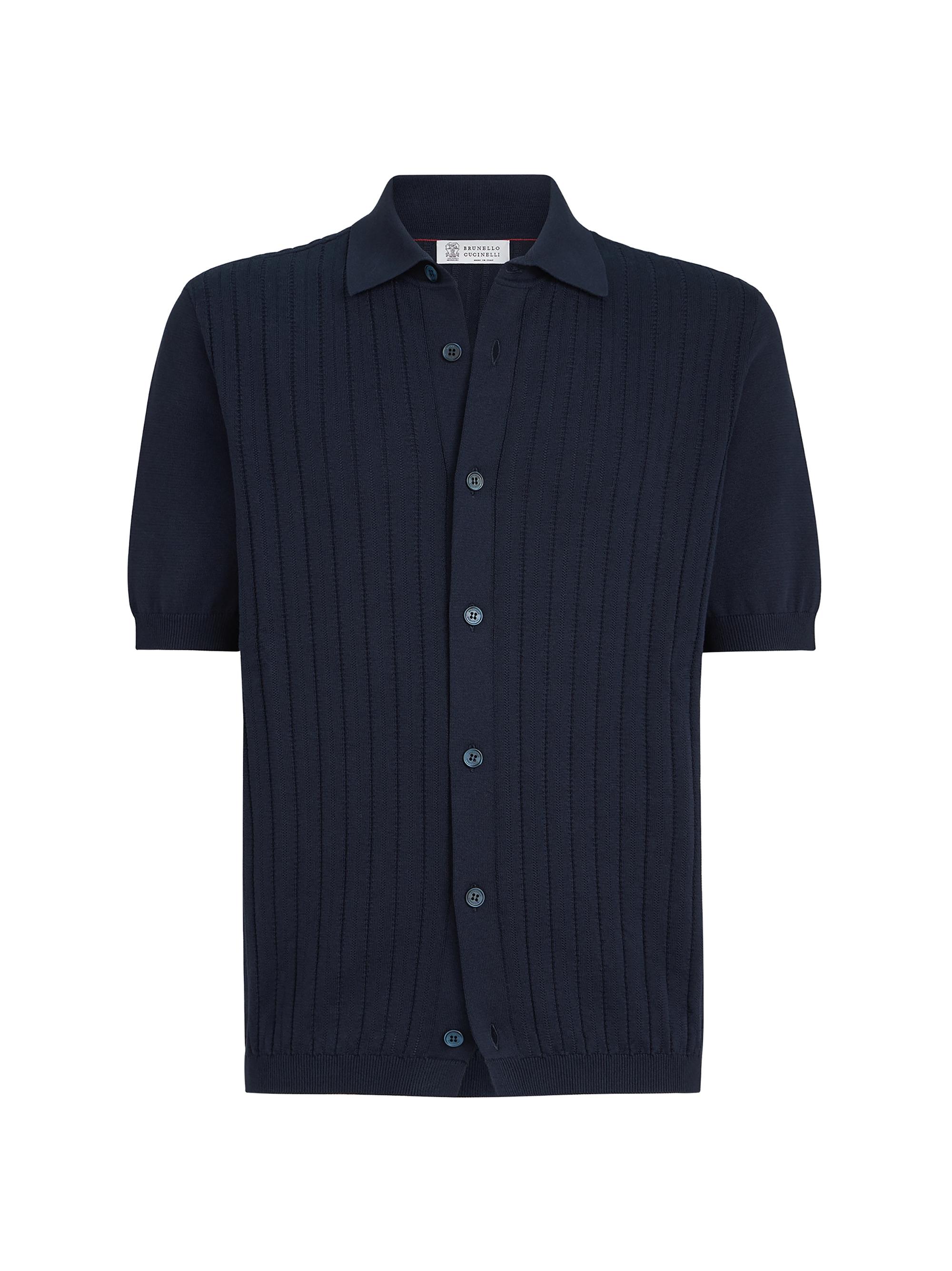 Brunello Cucinelli Men's Cotton Textured Rib Knit Shirt - Navy Blue