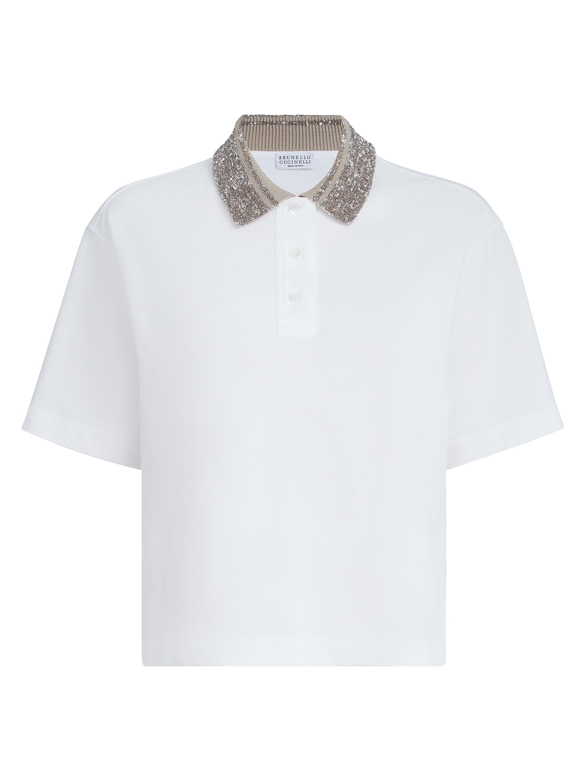 Brunello Cucinelli Women's Cotton Jersey Polo Shirt with Dazzling Knit Collar - White