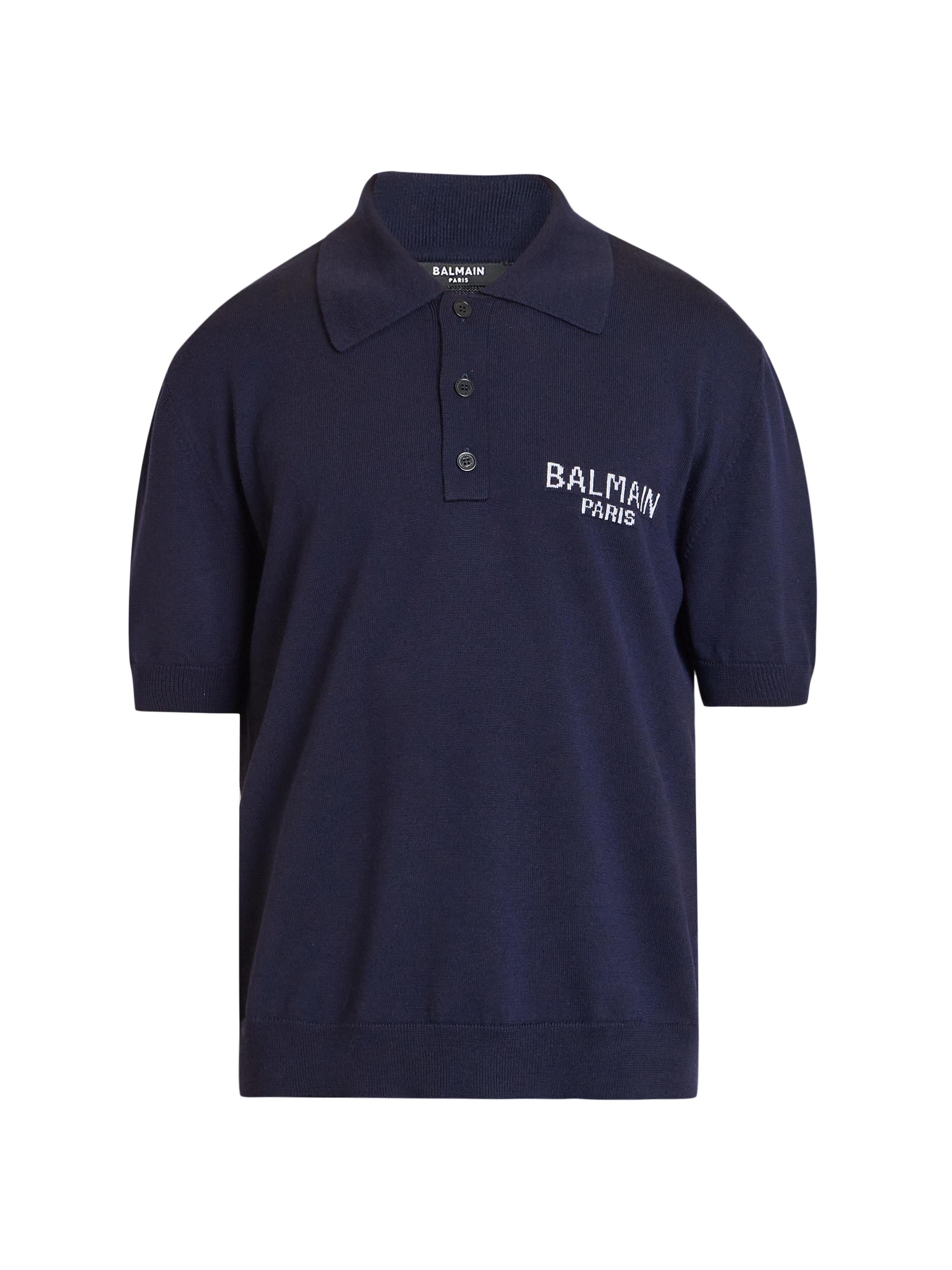 Balmain Men's Logo Merino Wool Short-Sleeve Polo Sweater - Blue Marine Natural