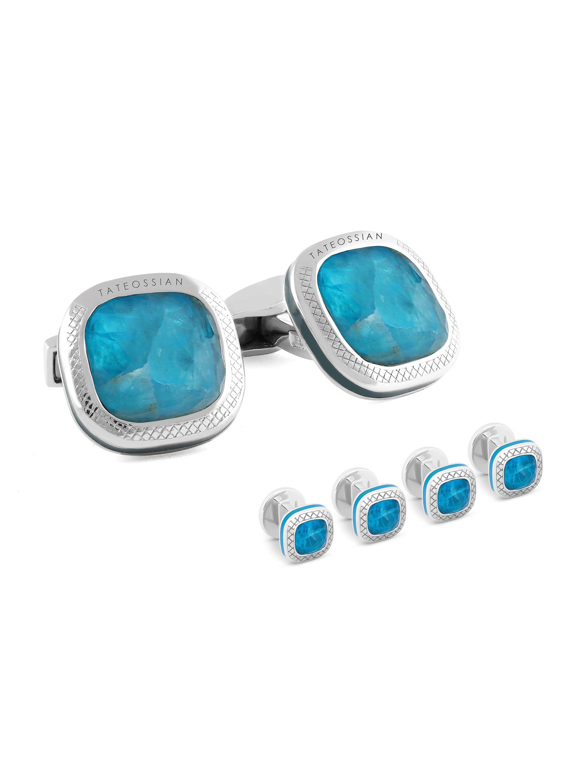 Tateossian Men's 3-Piece Sterling Silver & Apatite Cufflink & Stud Set - Blue