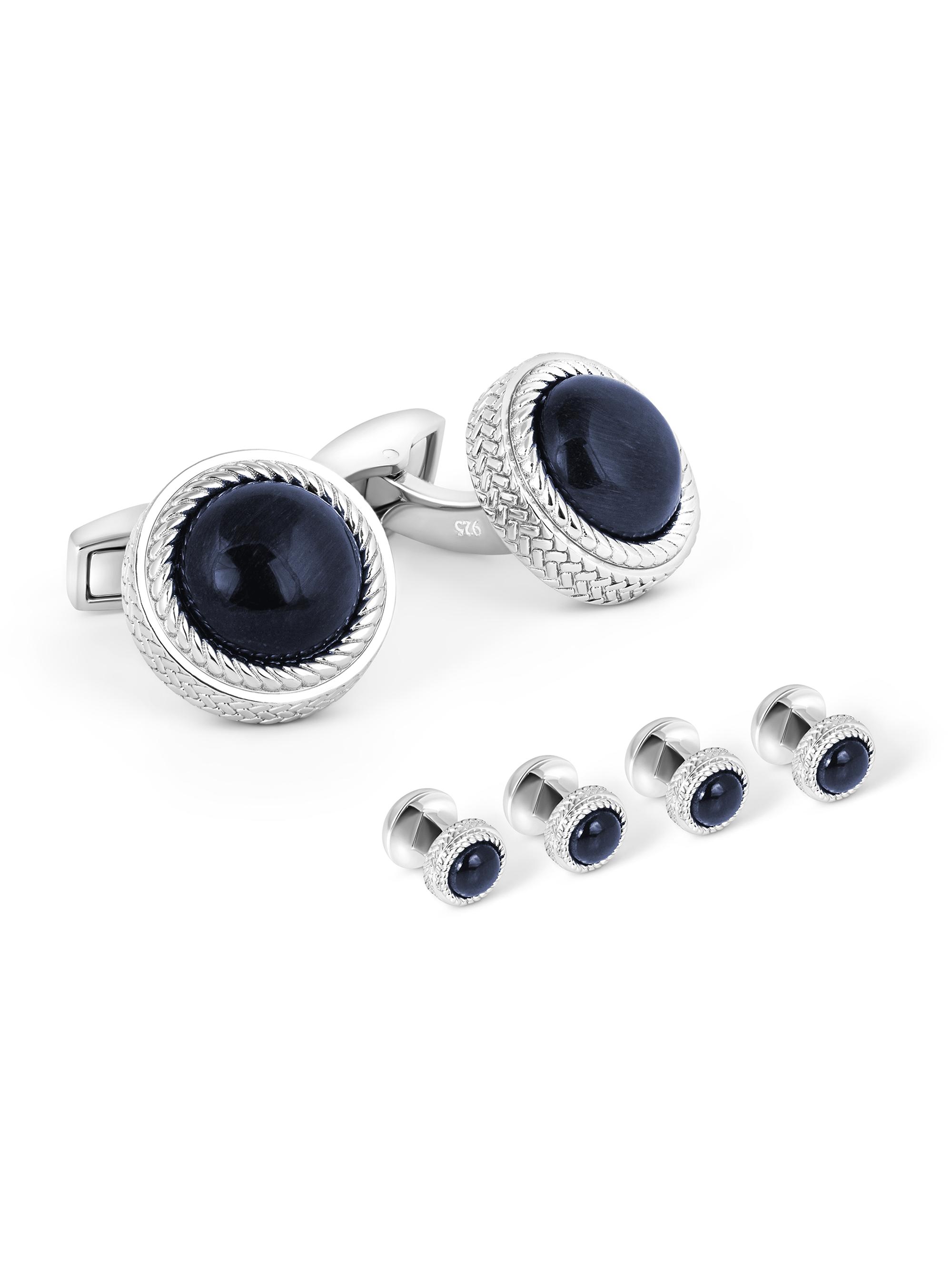 Tateossian Men's 3-Piece Sterling Silver & Blue Tiger Eye Cufflinks & Studs Set - Blue
