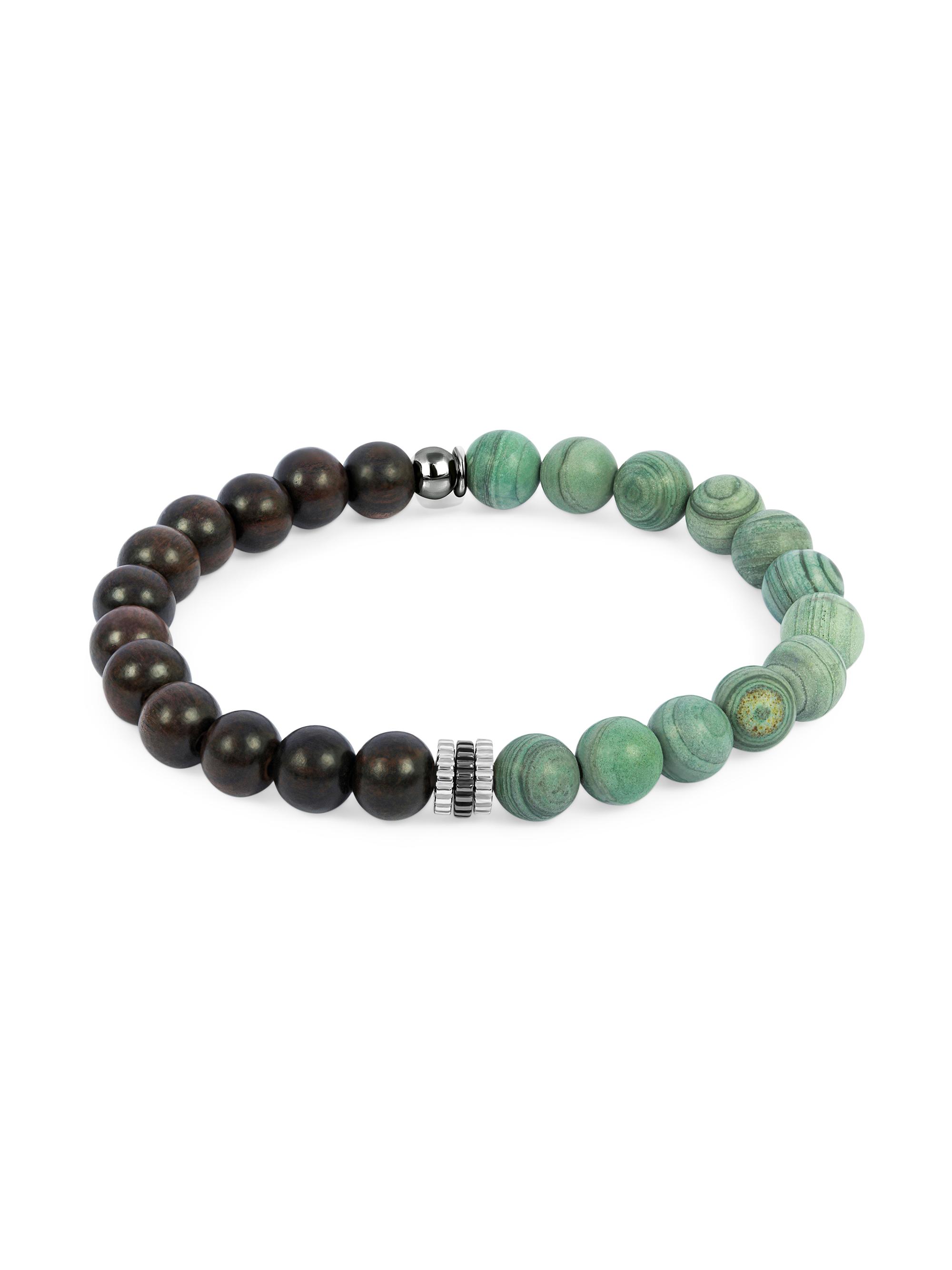 Tateossian Men's Sterling Silver, Green Wood Jasper & Ebony Wood Beaded Bracelet - Green