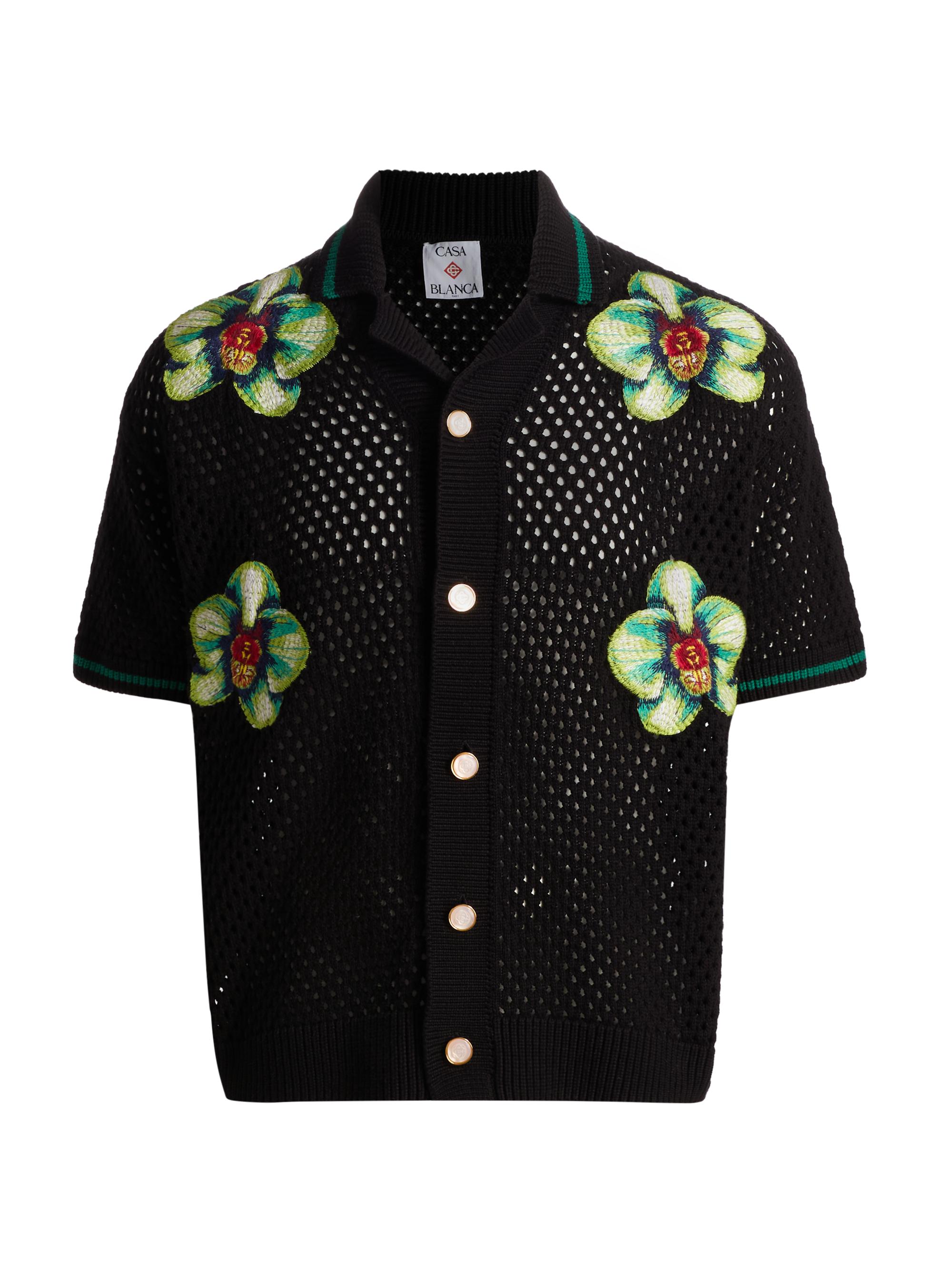 Casablanca Men's Glitch Orchid Embroidered Crochet Shirt - Cotton Blend