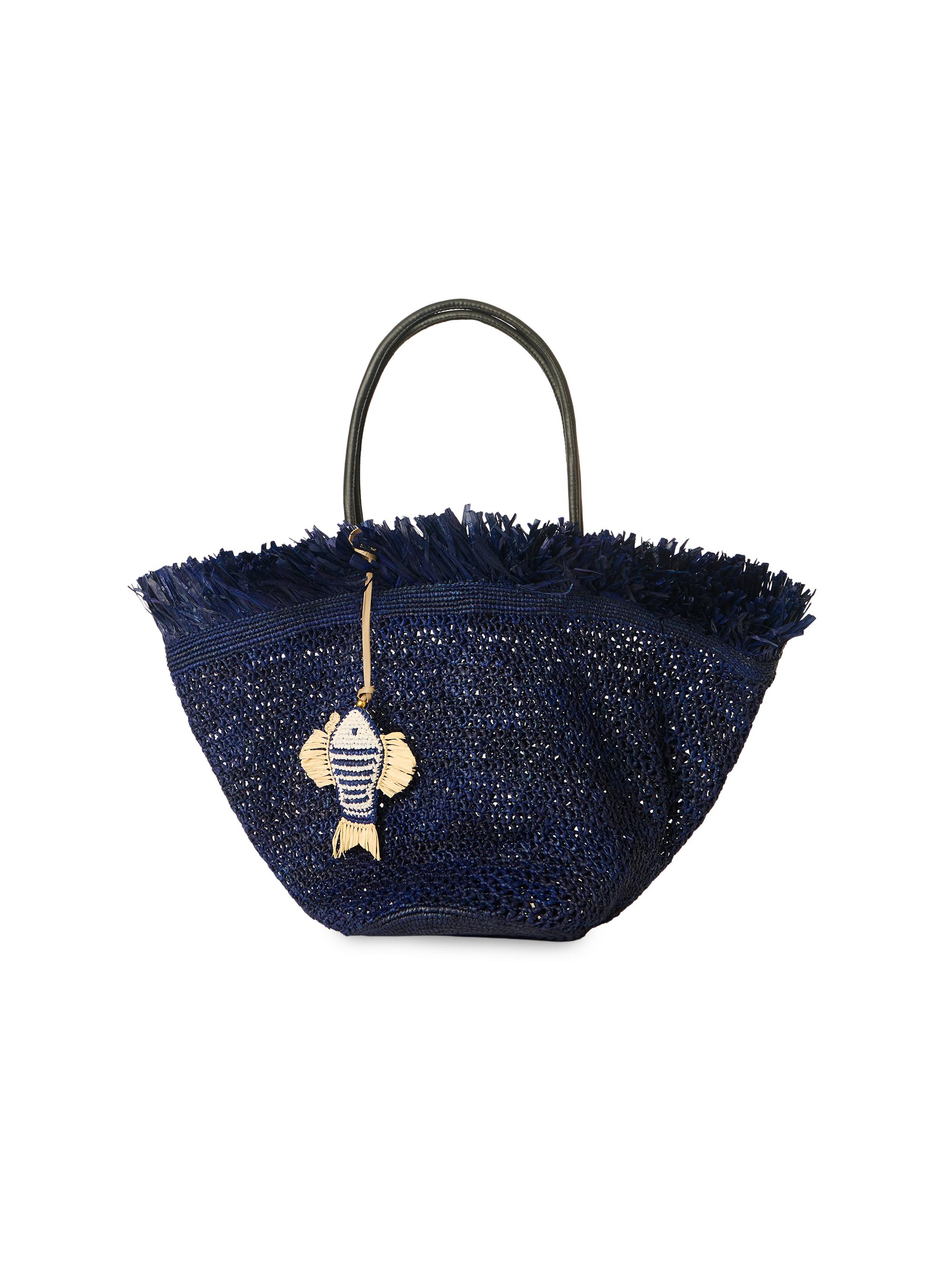BTB Los Angeles Women's Trina Fringe-Trim Straw Tote Bag - Navy