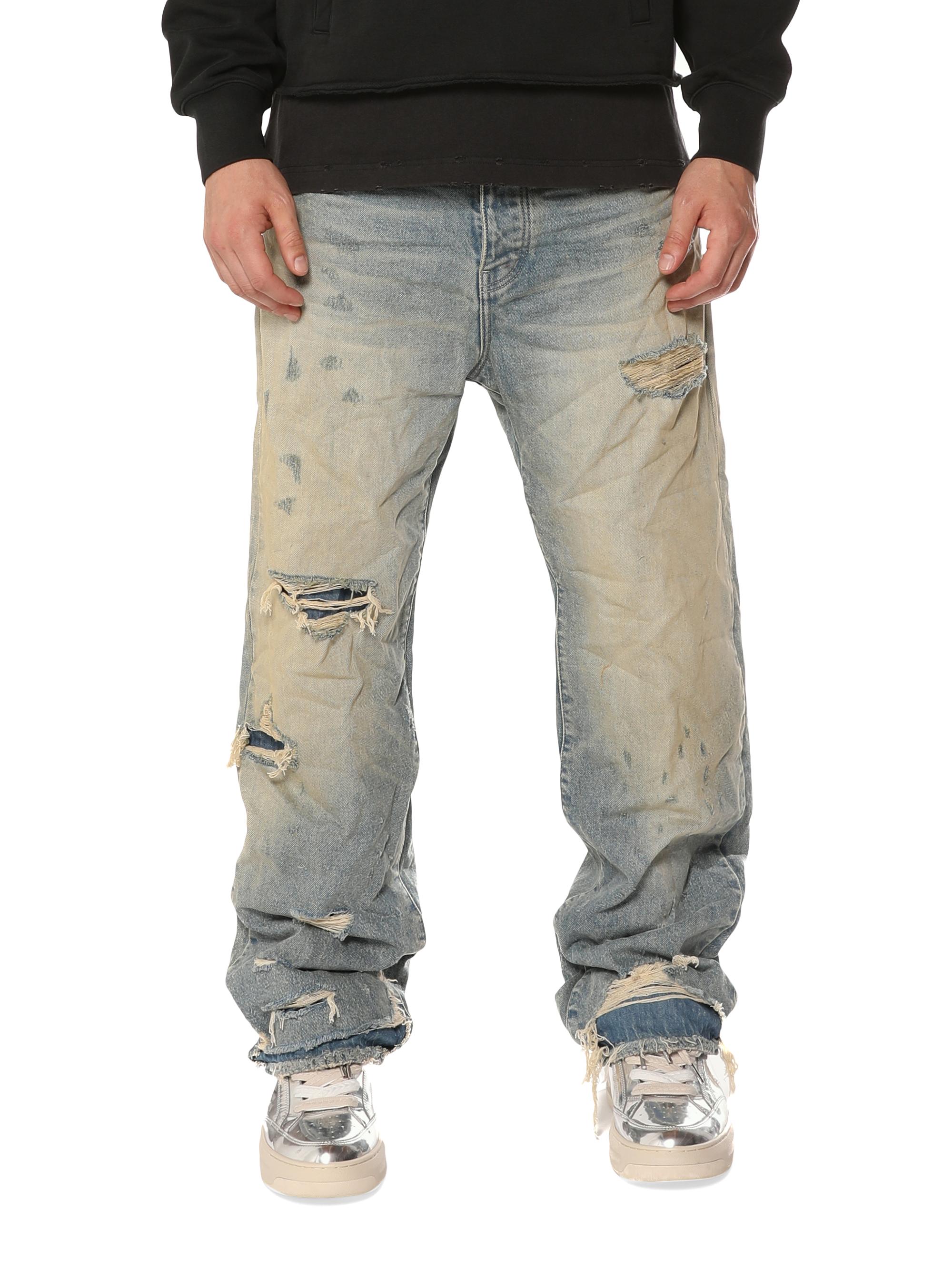 Purple Brand Men's Antique Distressed Mid-Rise Baggy Jeans - Light Indigo