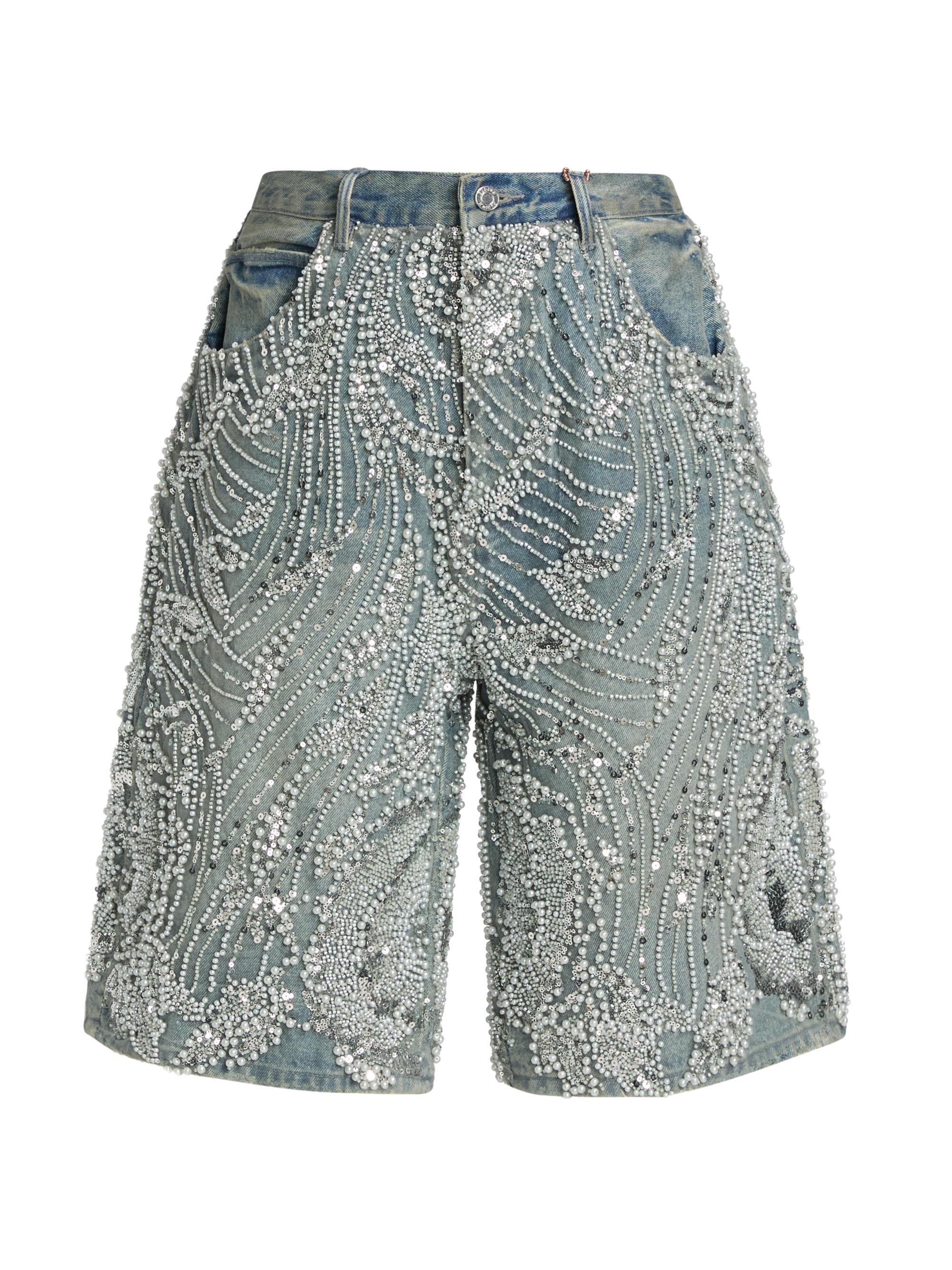Purple Brand Men's Embellished Wide-Leg Denim Shorts - Light Indigo