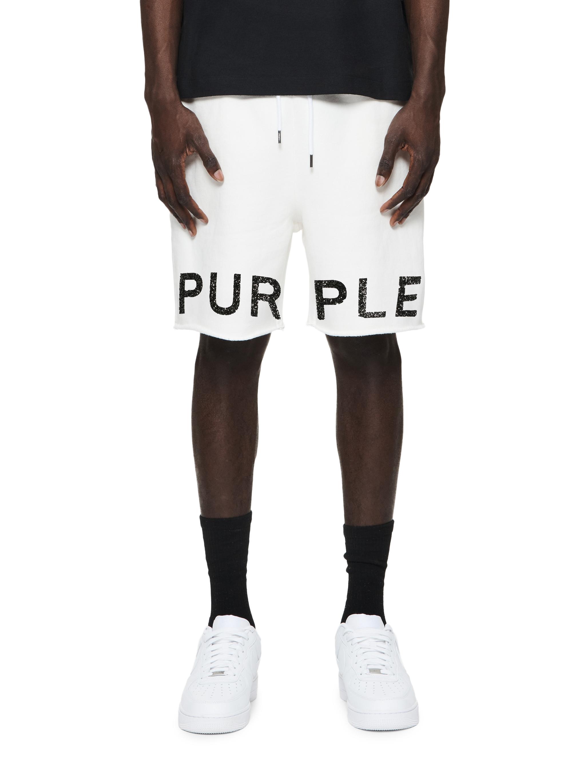 Purple Brand Men's Logo Fleece Raw-Hem Shorts - White
