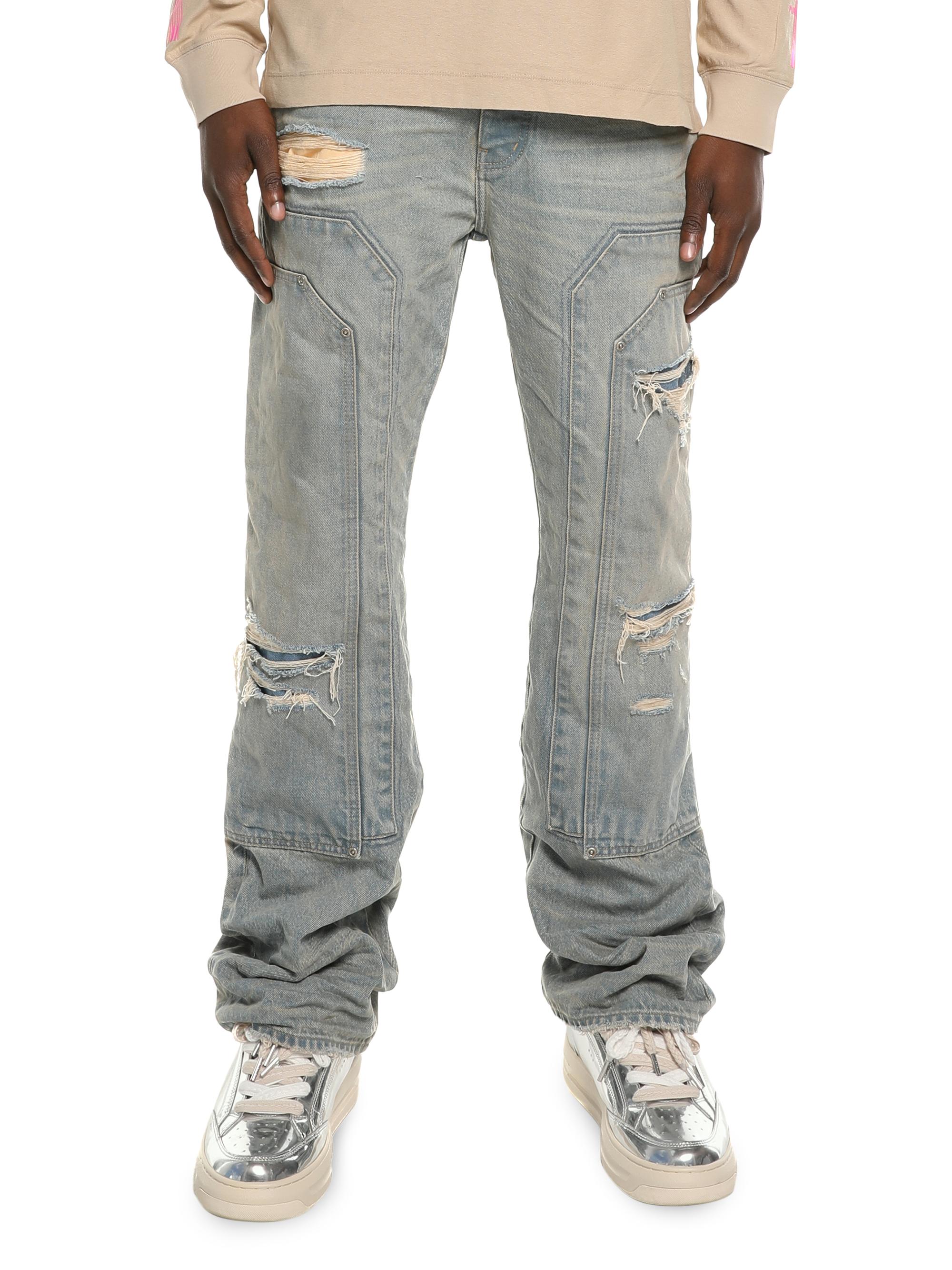 Purple Brand Men's Distressed Mid-Rise Bootcut Carpenter Jeans - Mid Indigo