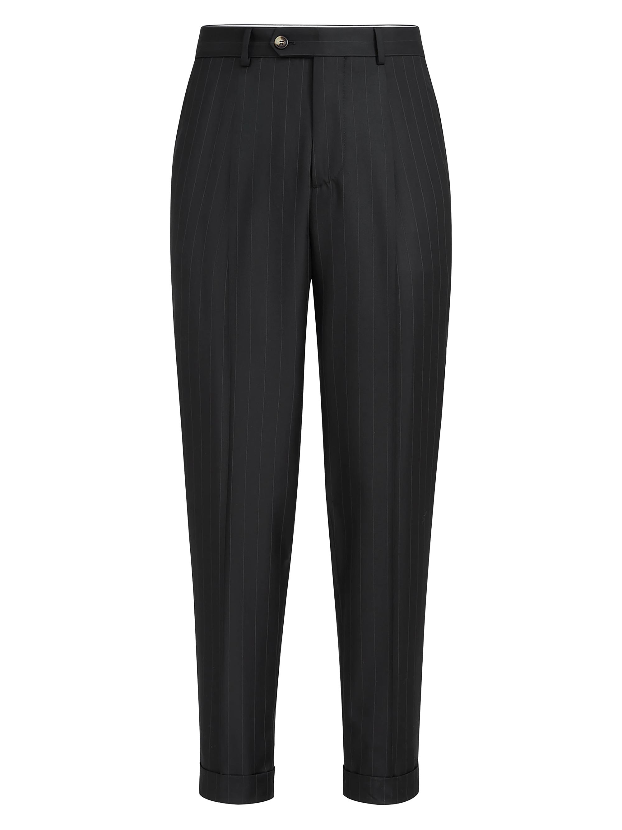 Brunello Cucinelli Men's Virgin Wool Chalk Stripe Batavia Trousers with Pleats - Black