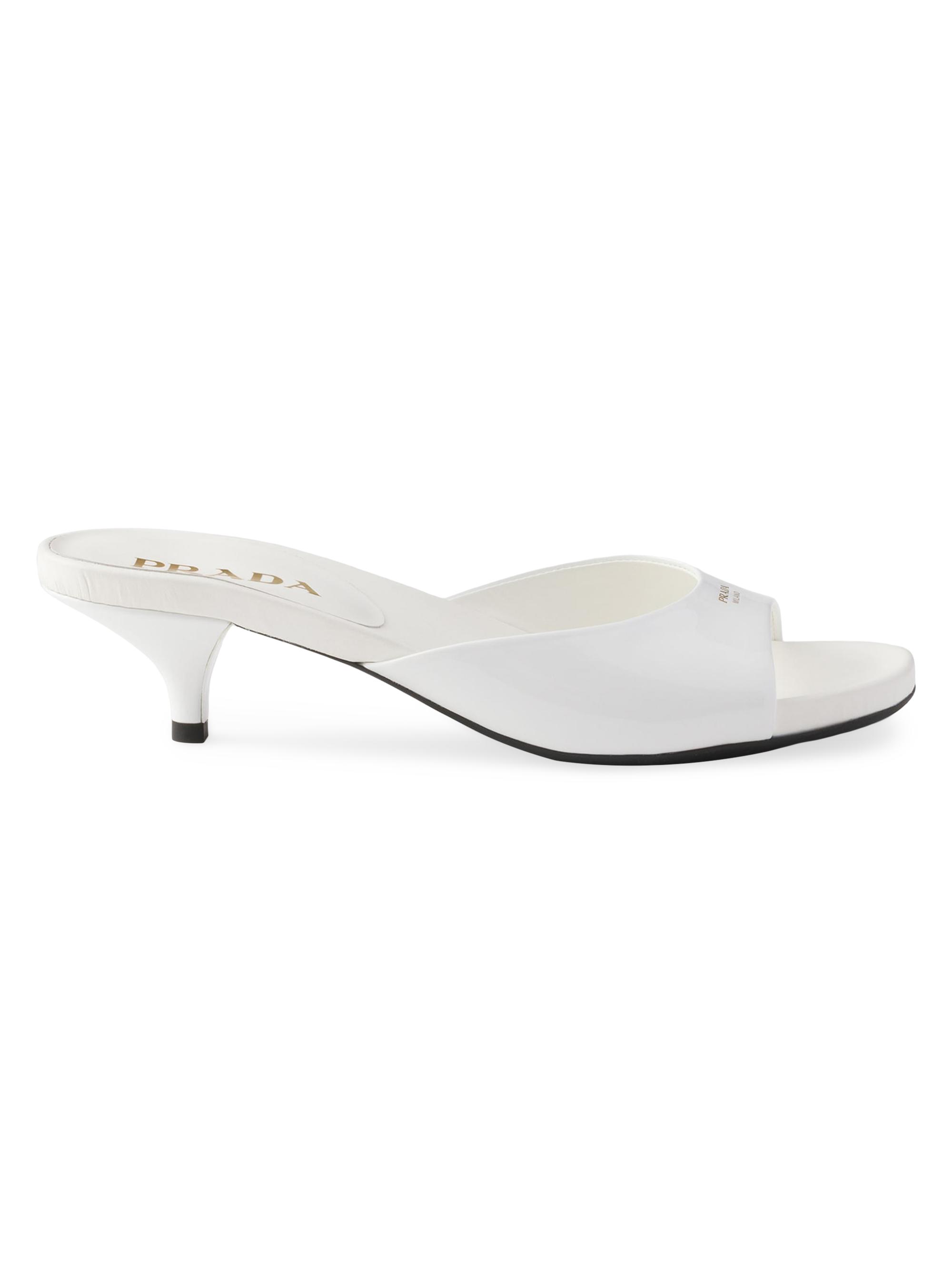 Prada Women's Patent Leather Kitten Heel Sandals - White