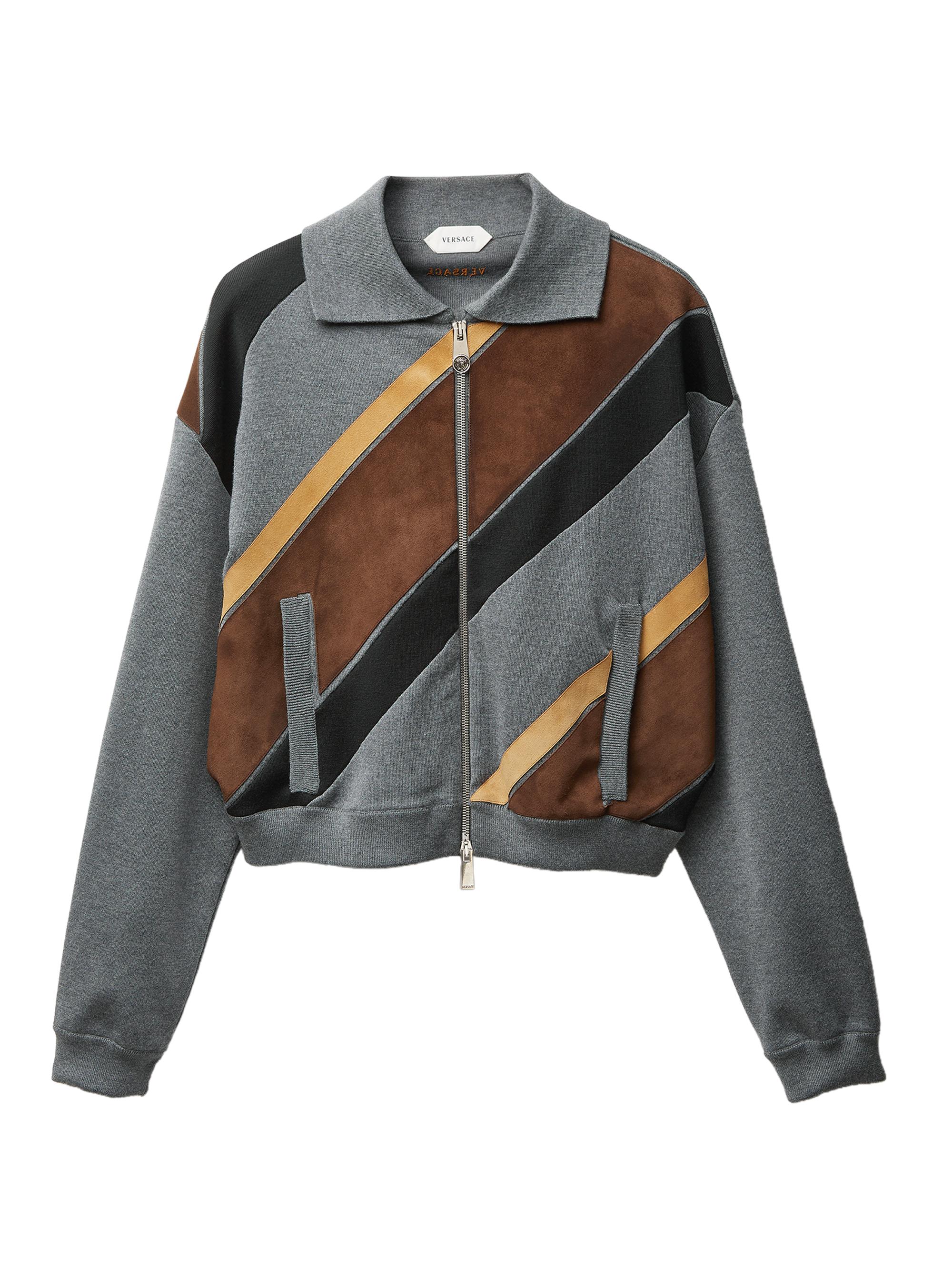 Versace Women's Intarsia-Wool & Leather Patchwork Zip Sweatshirt - Medium Grey