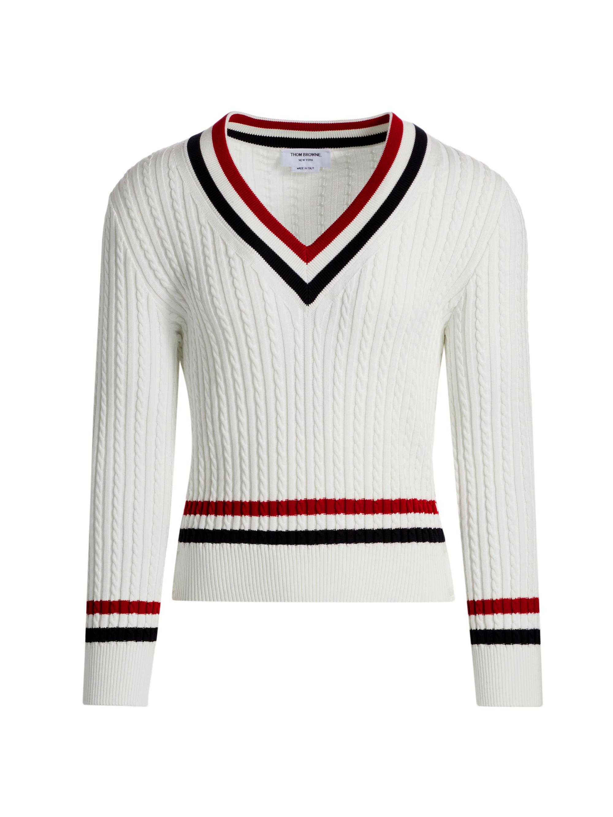 Thom Browne Men's Cable-Knit Cotton Cricket Sweater - White | Thumbnail 8