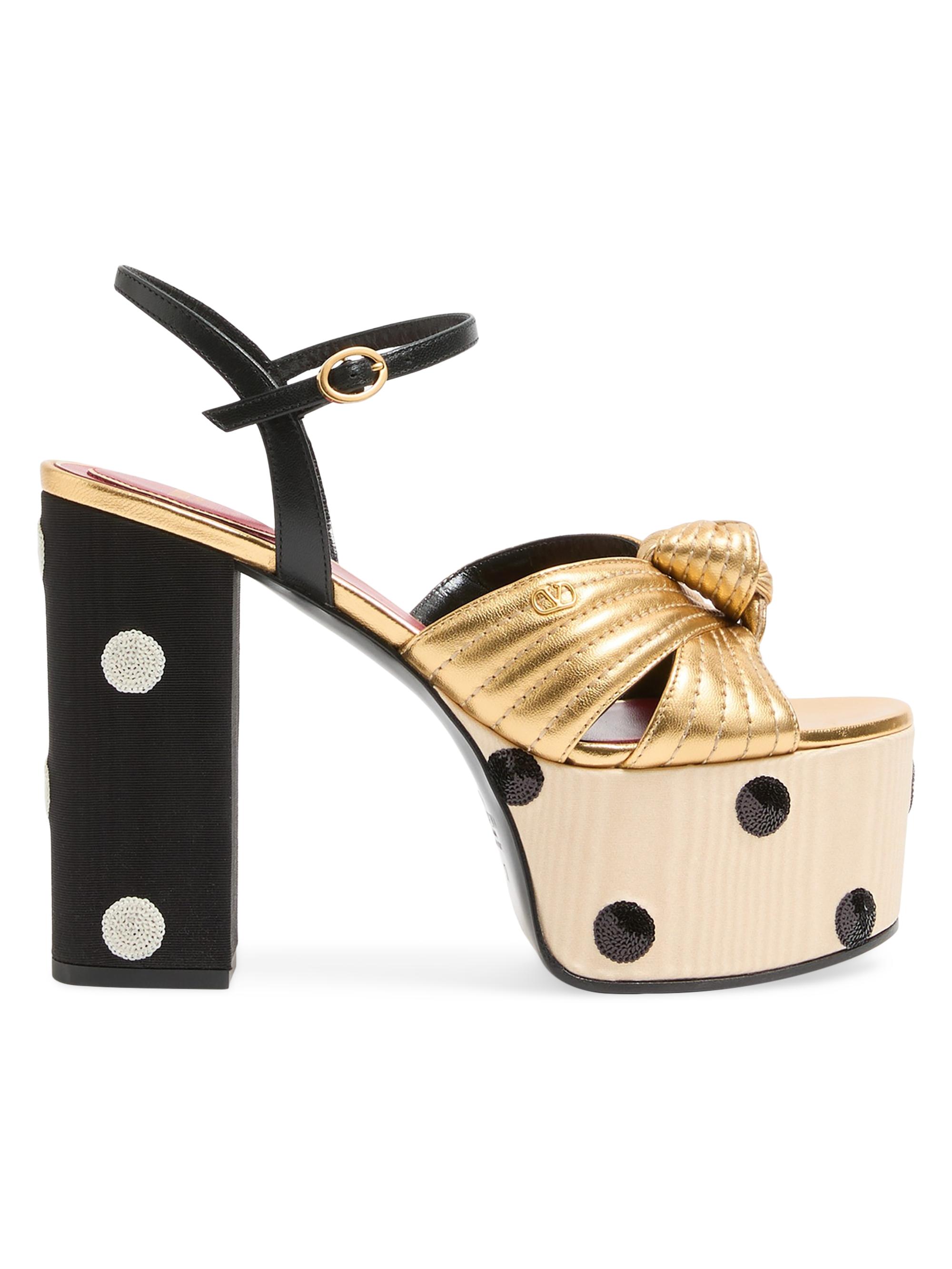 Valentino Garavani Women's Crasher 125MM Platform Sandals with Plus De Pois Embroidery - Gold Black