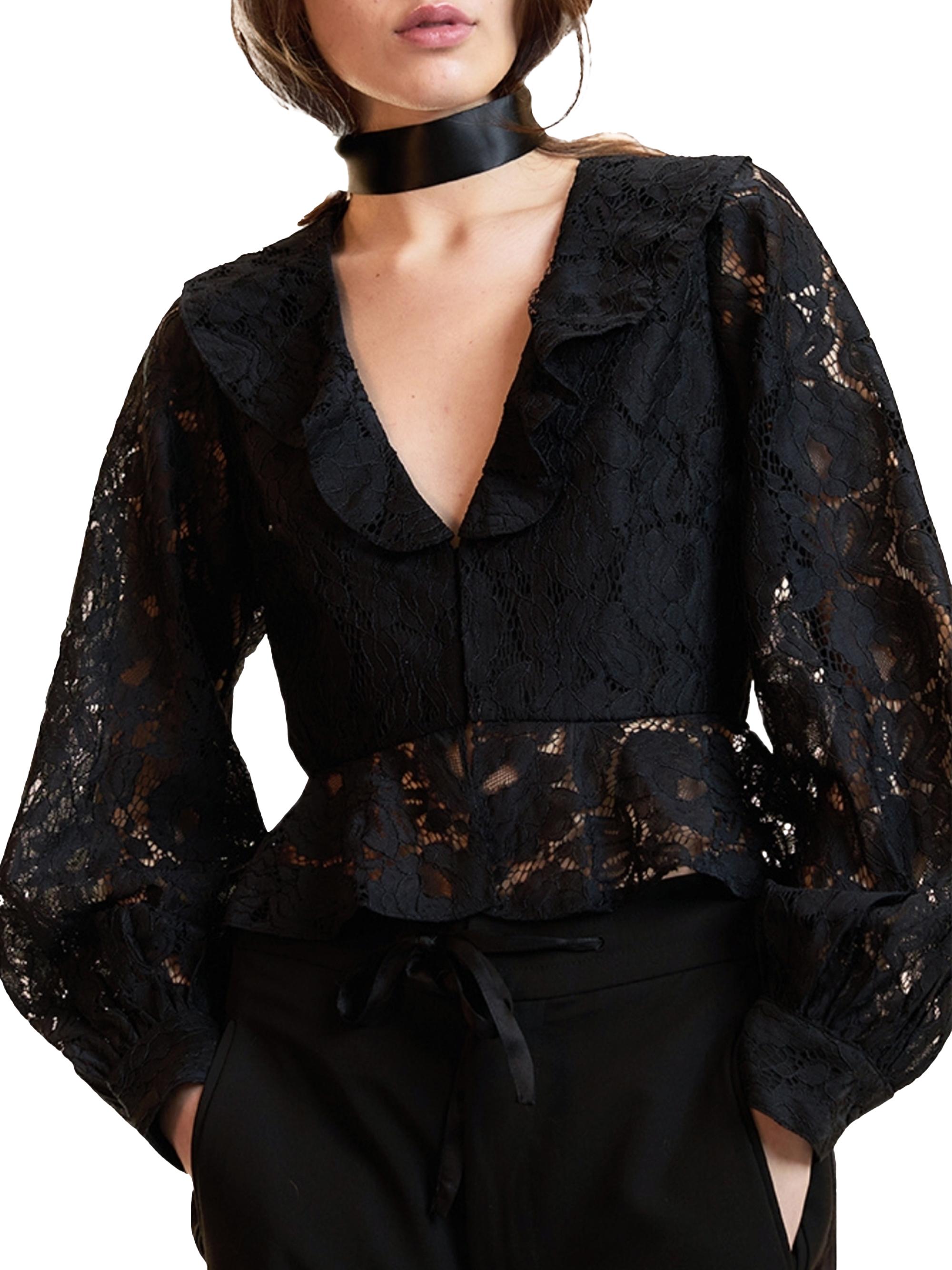Cynthia Rowley Women's Lace V-Neck Peplum Blouse - Black