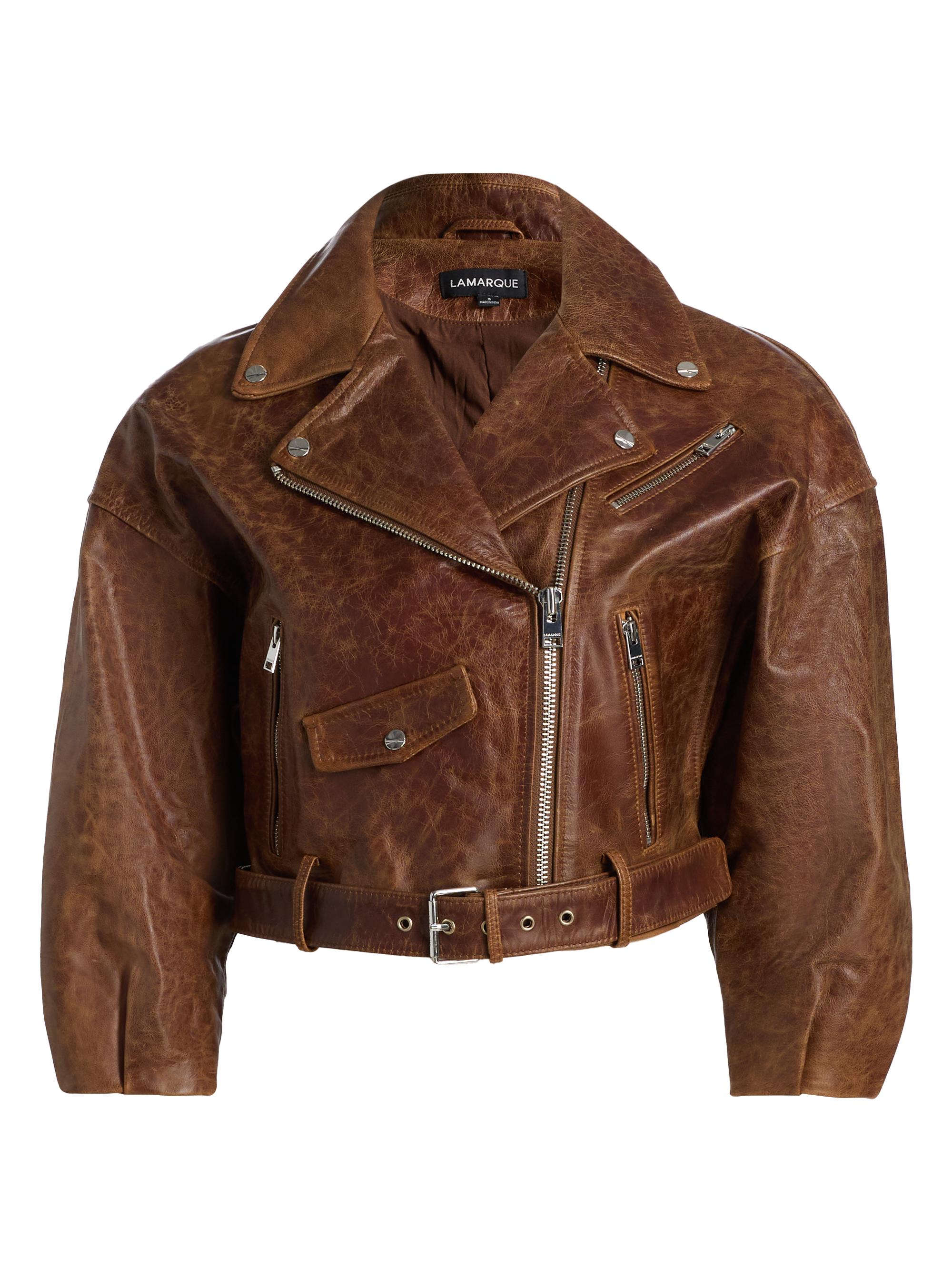Lamarque Women's Vinnie Leather Crop Biker Jacket - Brown