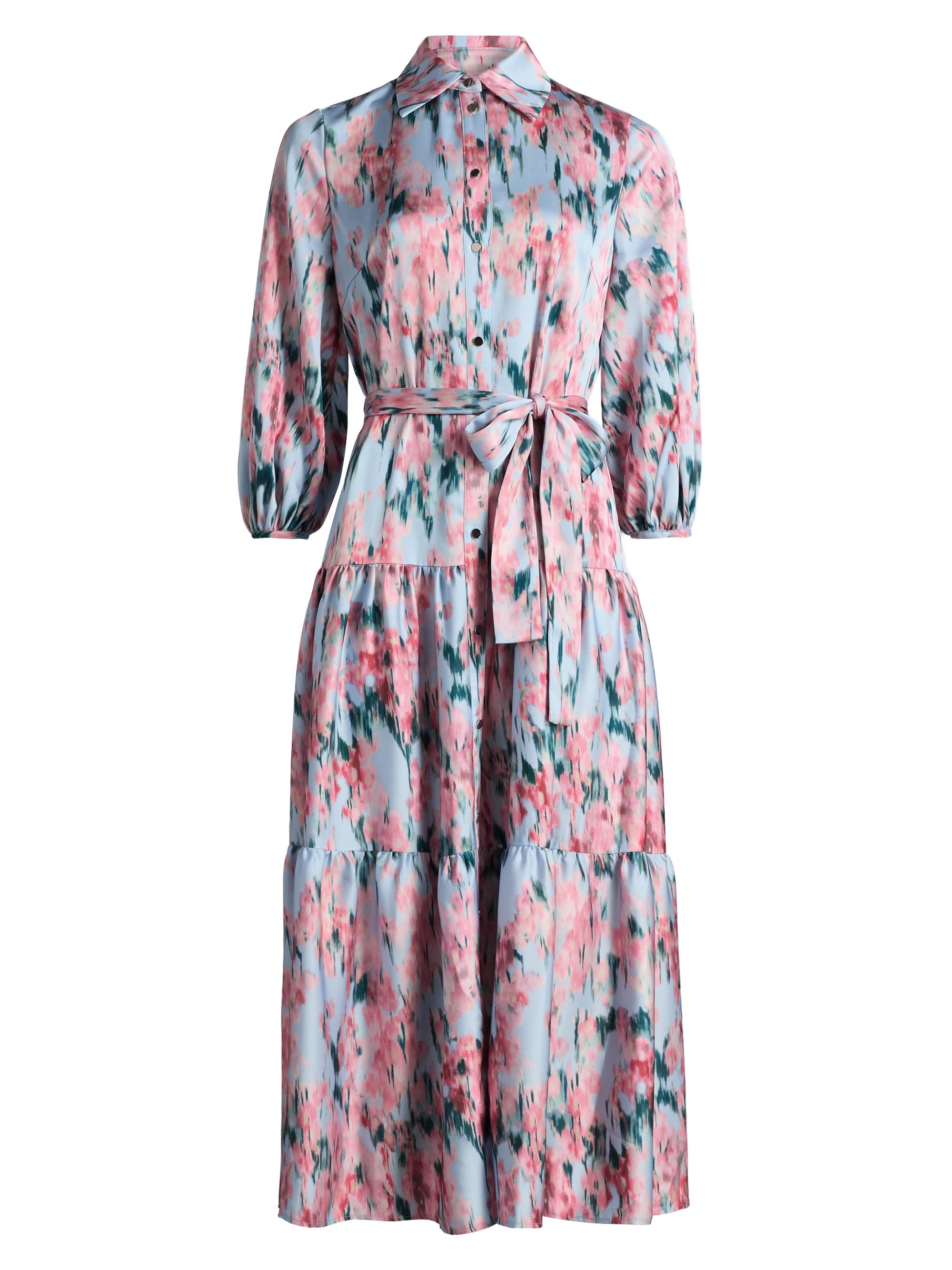 Misook Women's Floral Crepe De Chine Tiered Maxi Dress - Pink Parfait Multi