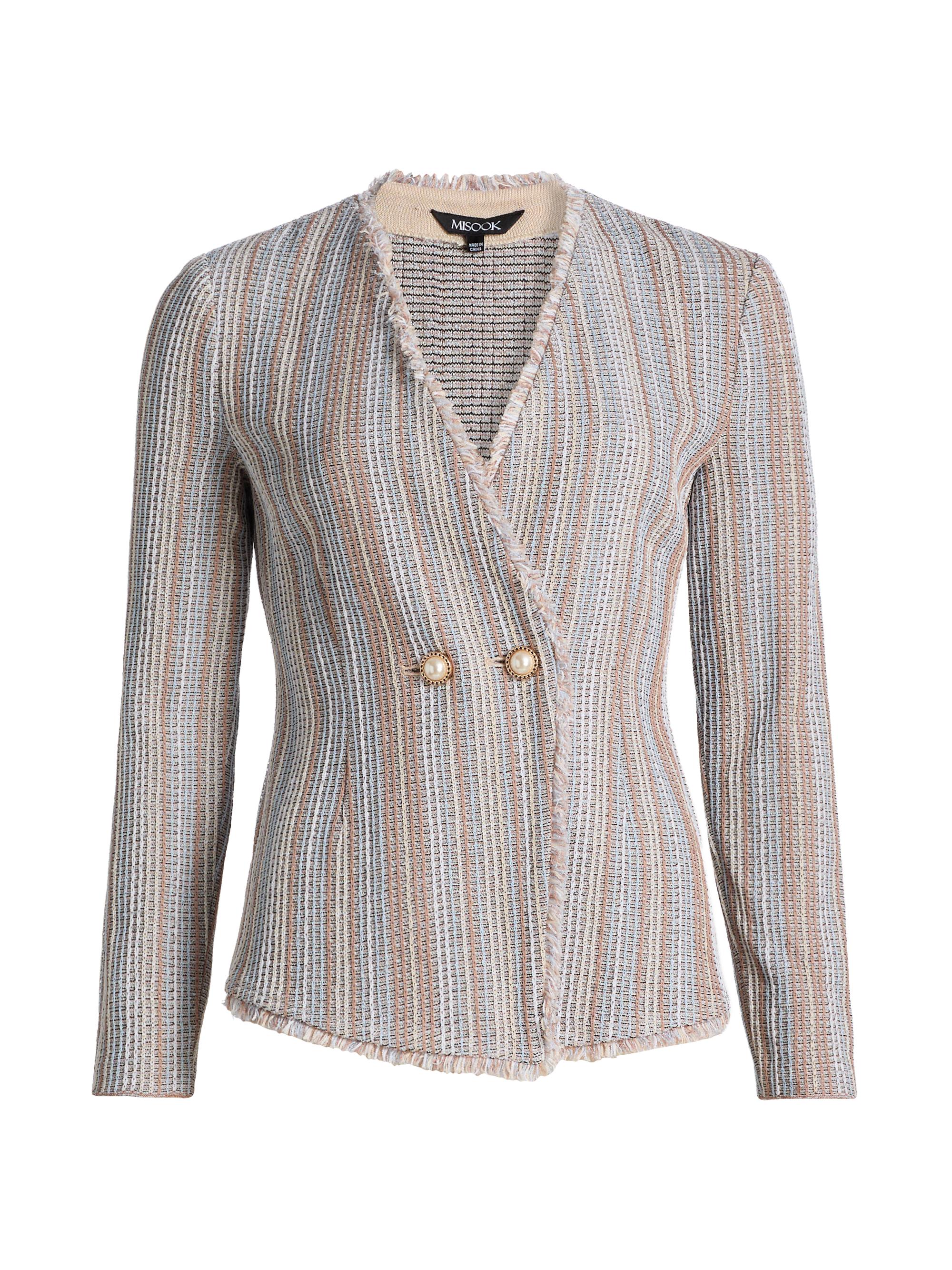 Misook Women's Fringe-Trim Knit Jacket - Biscotti Blue White Black