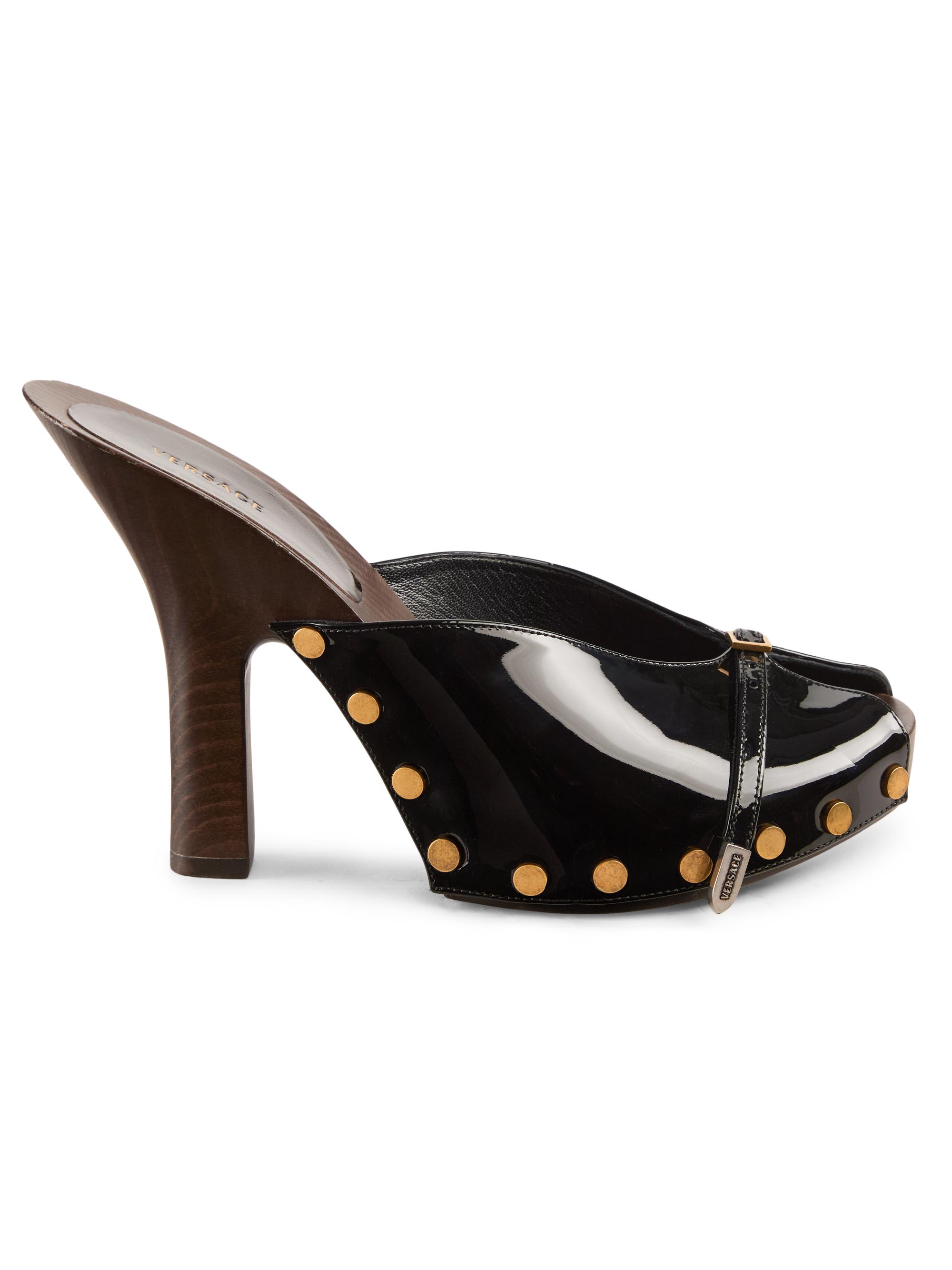 Versace Women's 105MM Studded Leather Clogs - Optical White Gold Palladium