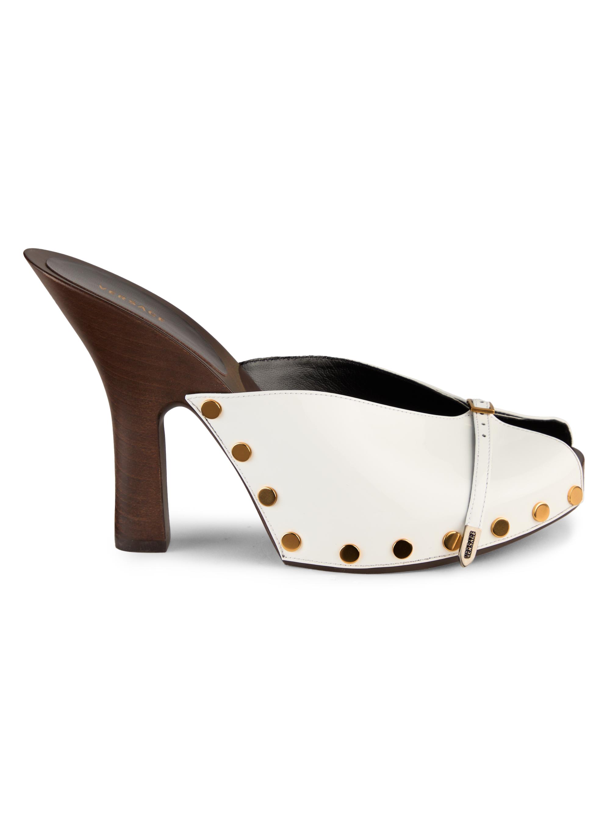 Versace Women's 105MM Studded Leather Clogs - Optical White Gold Palladium