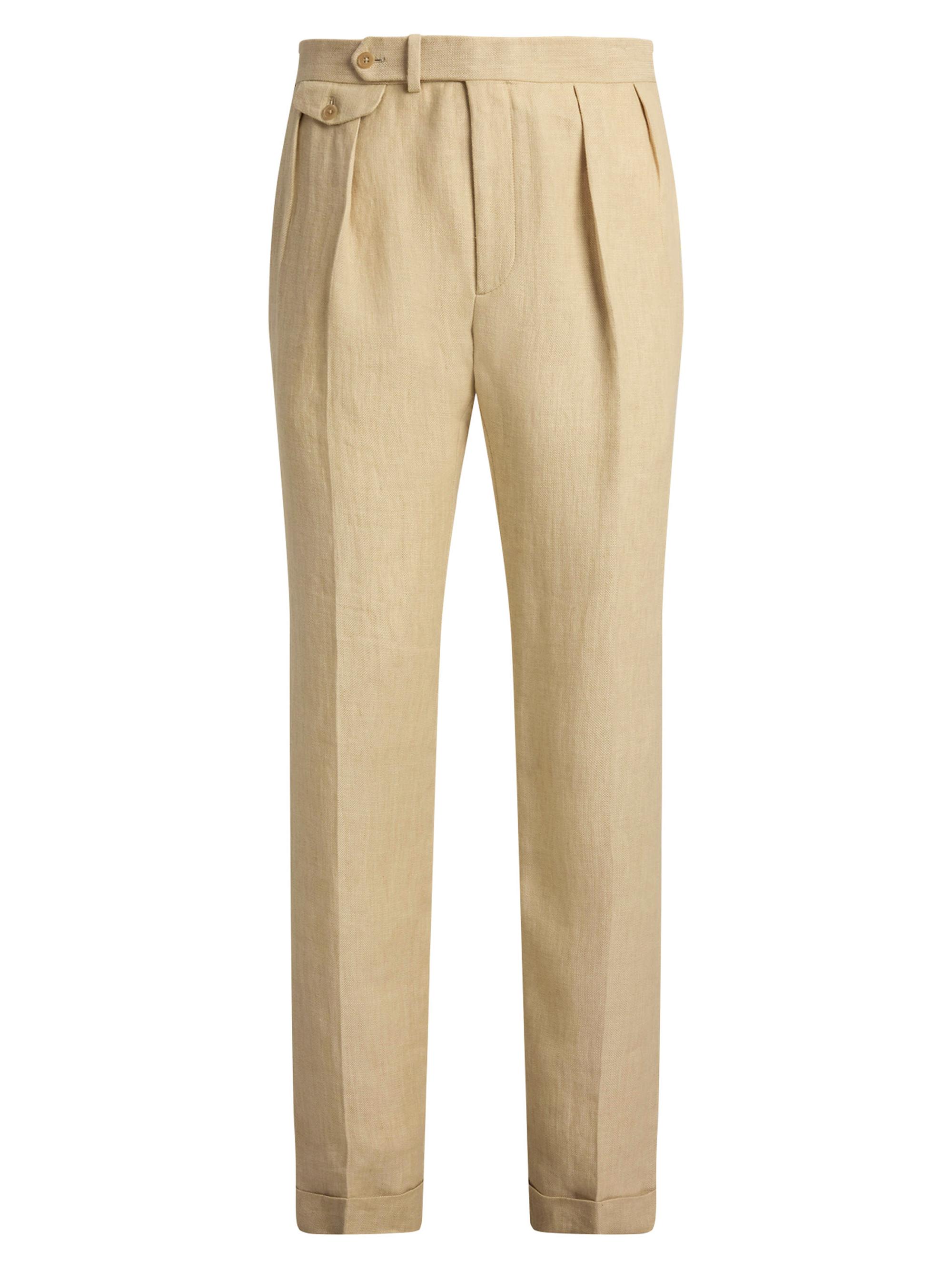 Ralph Lauren Purple Label Men's Pleated Linen Straight-Leg Trousers - Sand