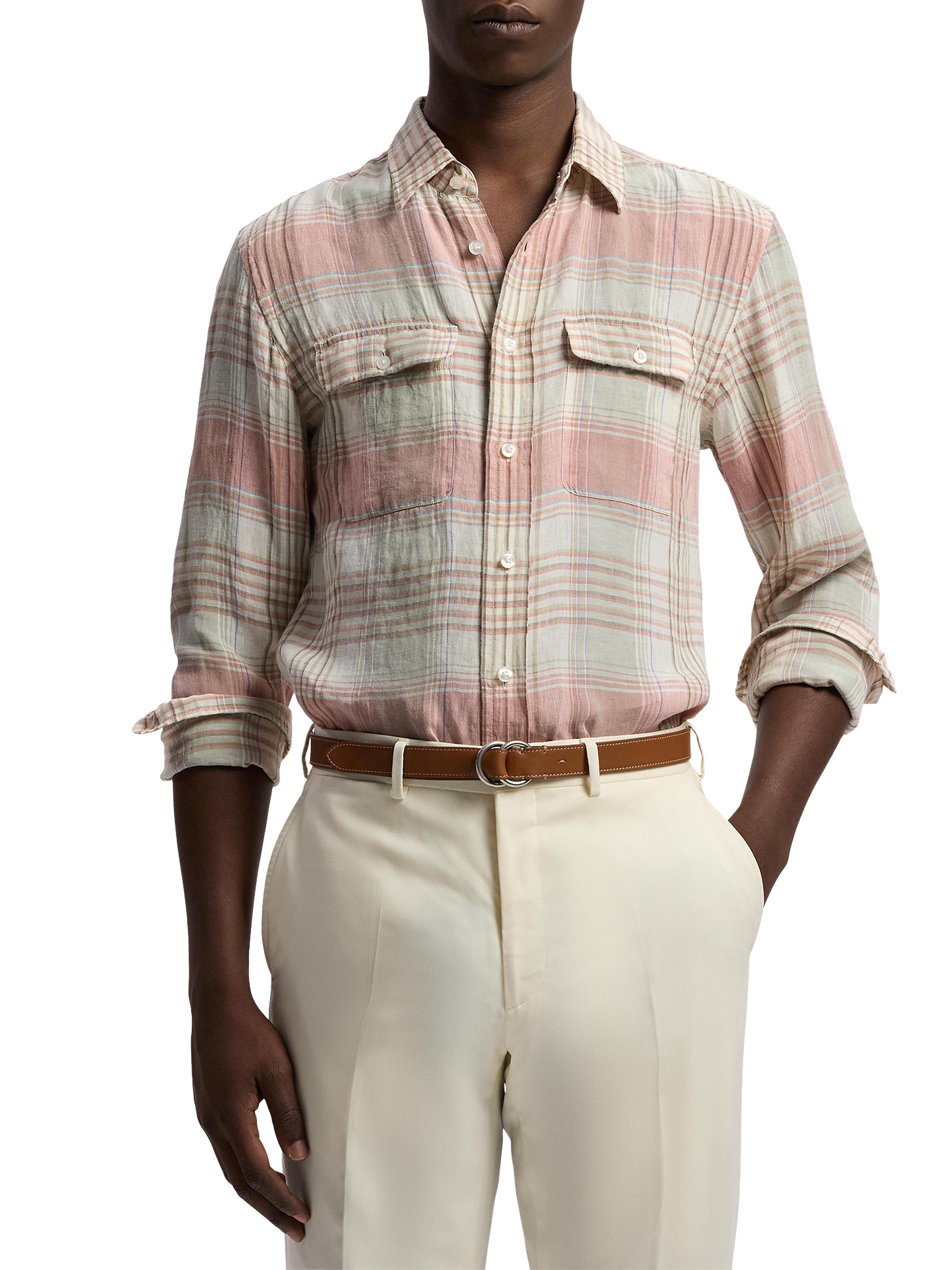 Ralph Lauren Purple Label Plaid Linen Long-Sleeve Sport Shirt