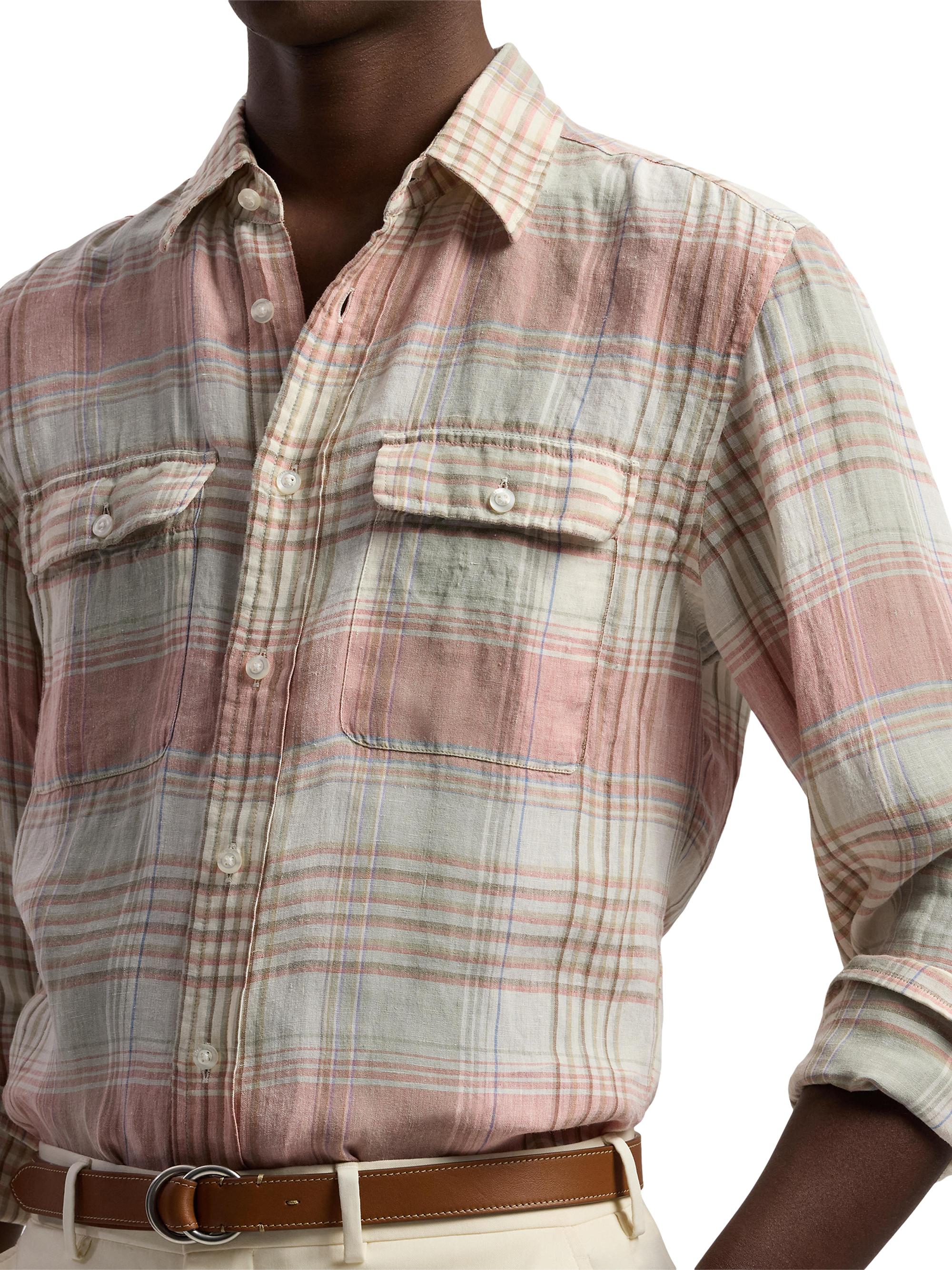 トップス Ralph Lauren L/S B.D Plaid Shirt Ivory Ralph Lauren Purple Label Plaid Linen Long-Sleeve Sport Shirt