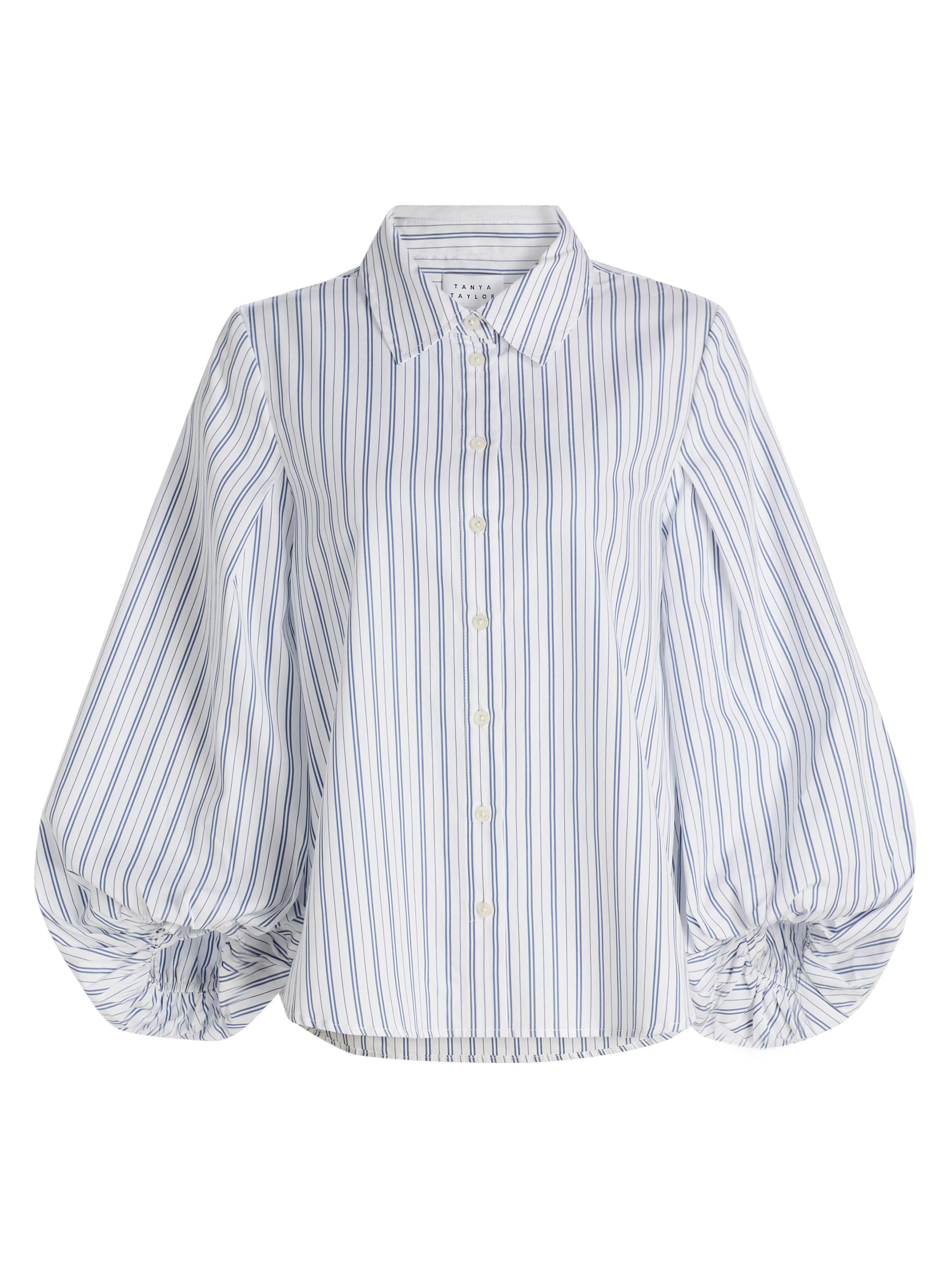 Tanya Taylor Women's Marina Stripe Blouson-Sleeve Top - White French Blue