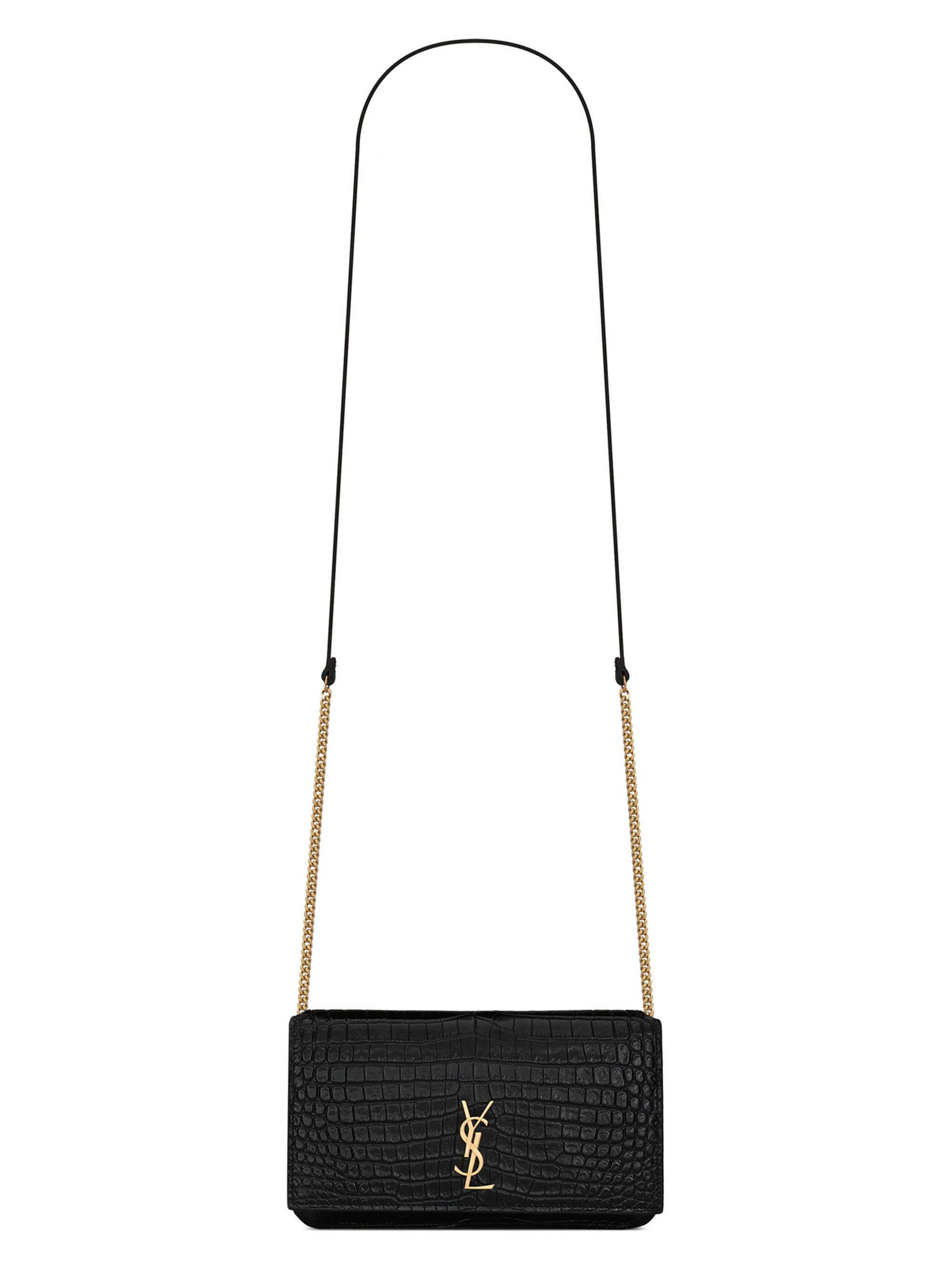 Saint Laurent Women's Cassandre Phone Holder in Shiny Crocodile-Embossed Leather - Black | Thumbnail 7