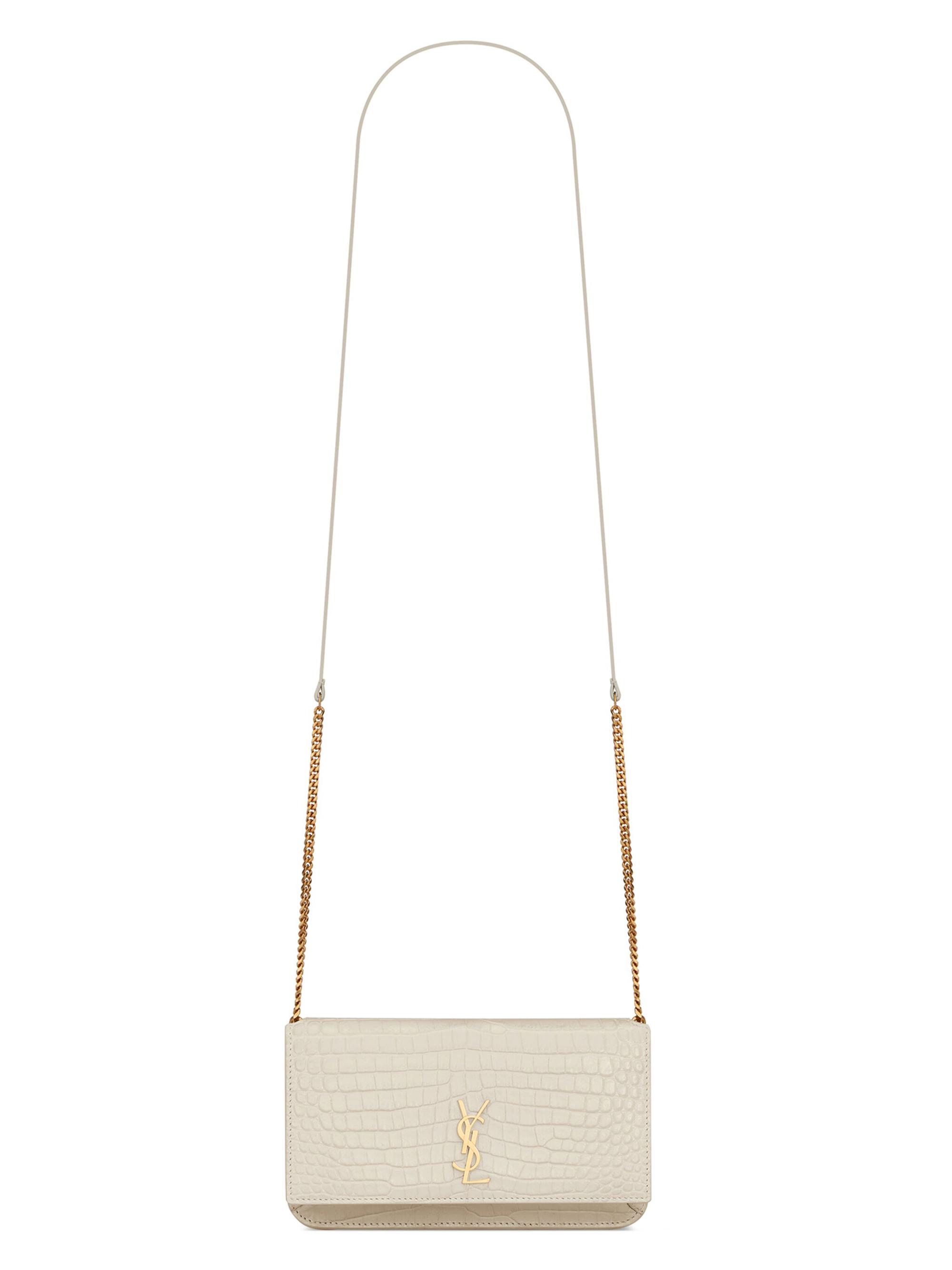 Saint Laurent Women's Cassandre Phone Holder in Shiny Crocodile-Embossed Leather - Blanc Vintage