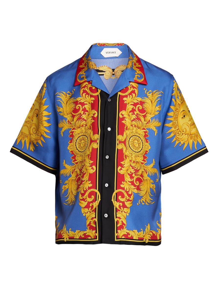 Versace Printed Silk Bowling Shirt In Blue