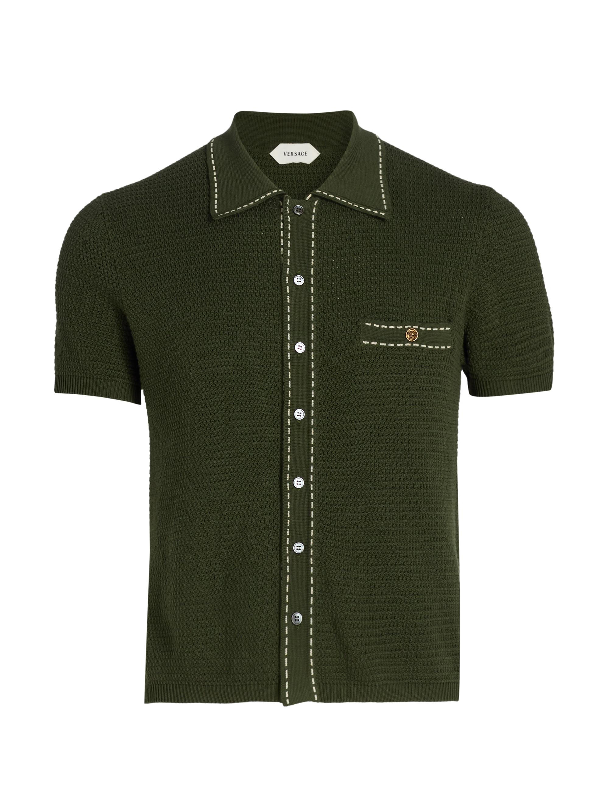 Versace Men's Cotton Button-Front Short-Sleeve Sweater - Dark Olive