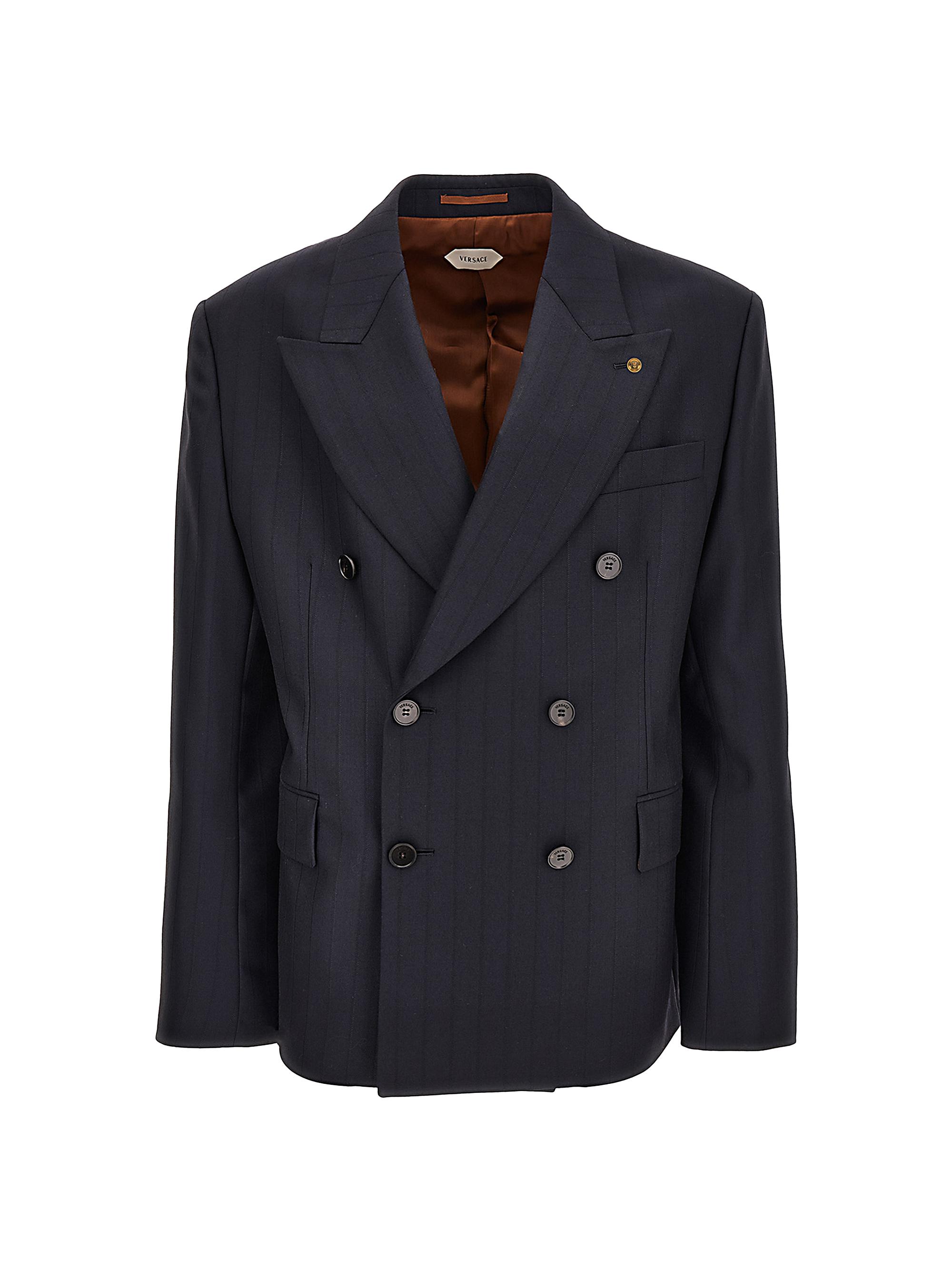 Versace Men's Pinstriped Double-Breasted Virgin Wool Jacket - Dark Navy Black