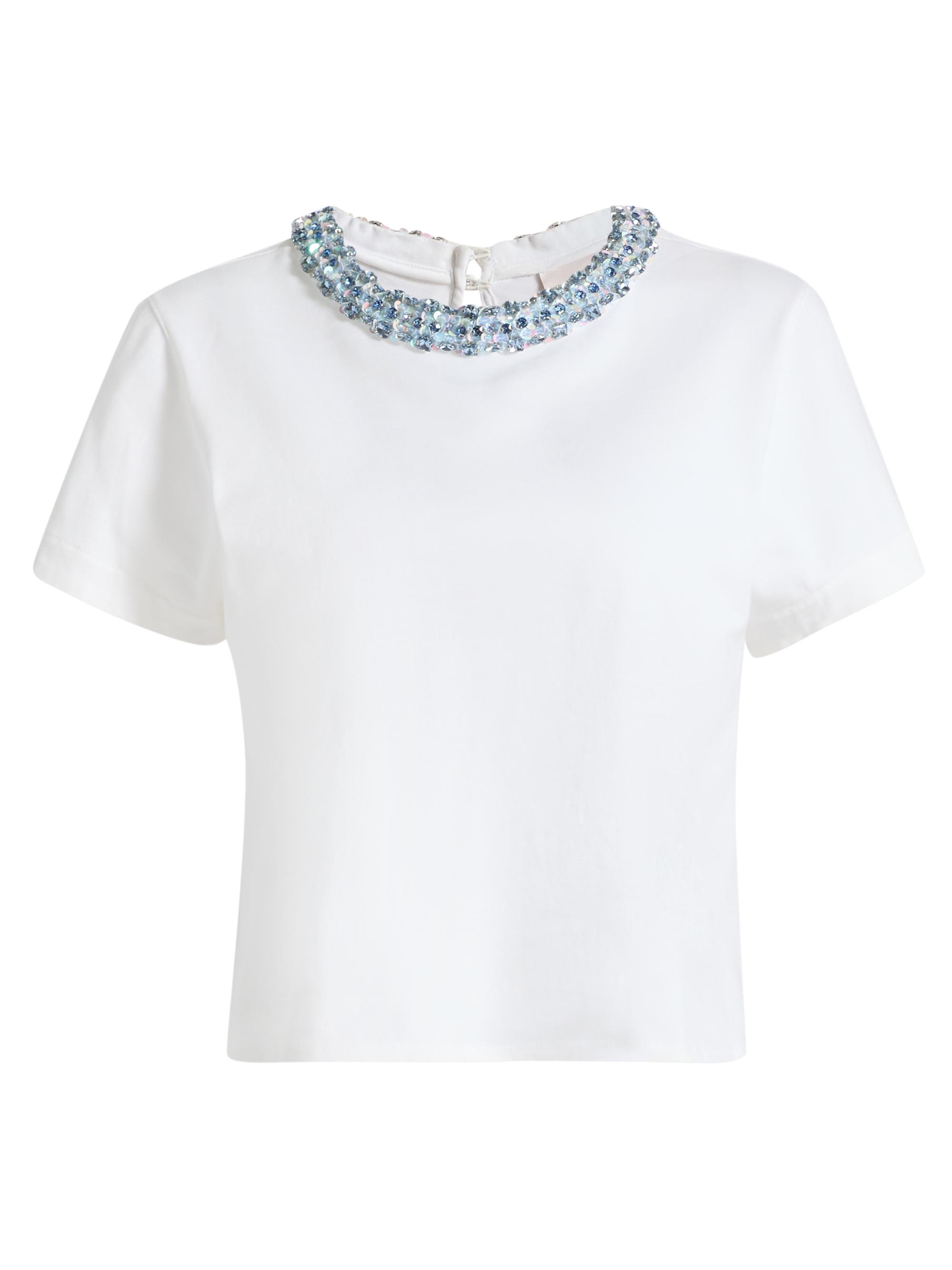 Cinq à Sept Women's Rhinestone Border Shrunken T-Shirt - White Bluebell