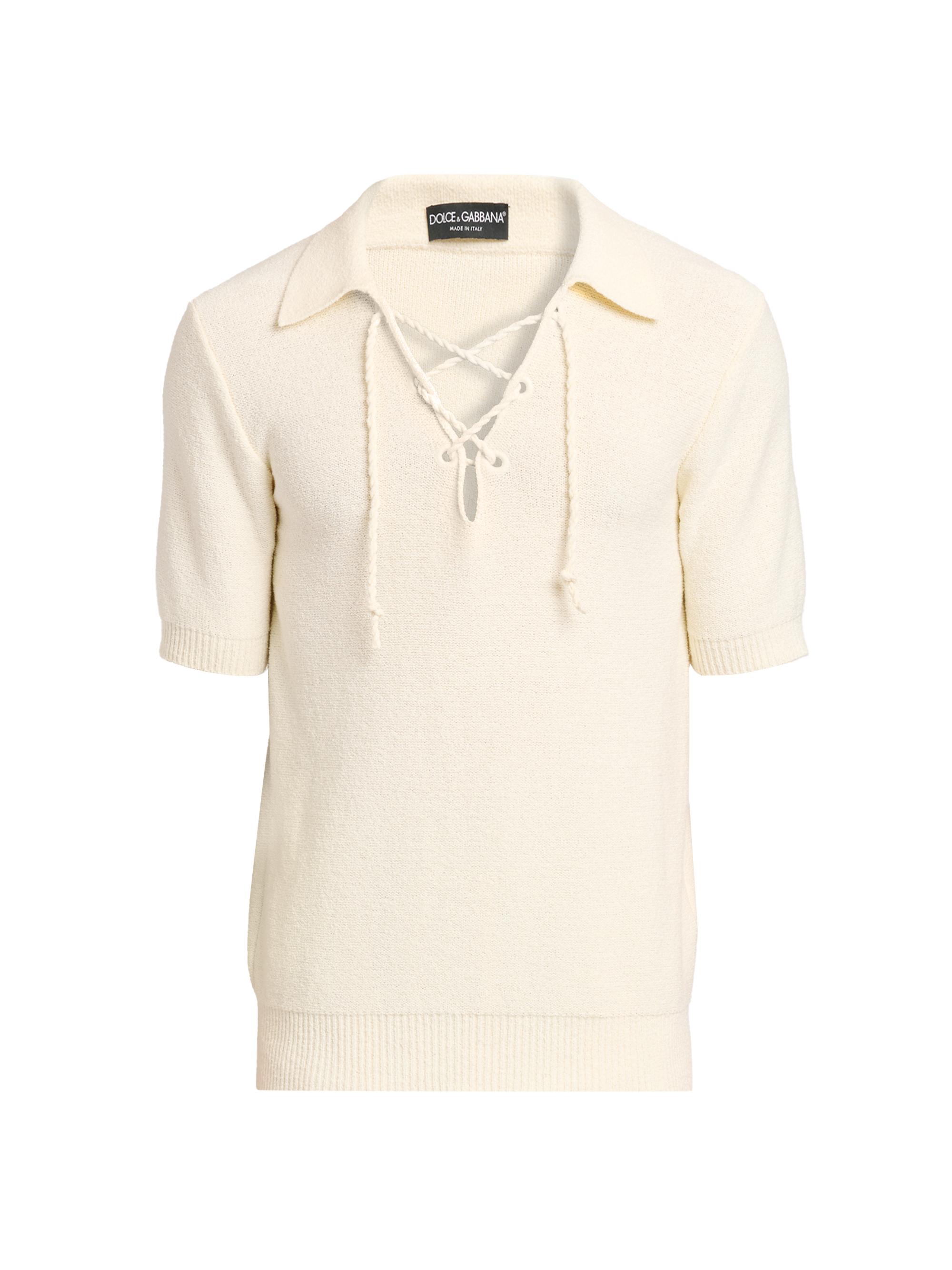 Dolce & Gabbana Men's Lace-Up Cotton-Blend Short-Sleeve Shirt - Beige