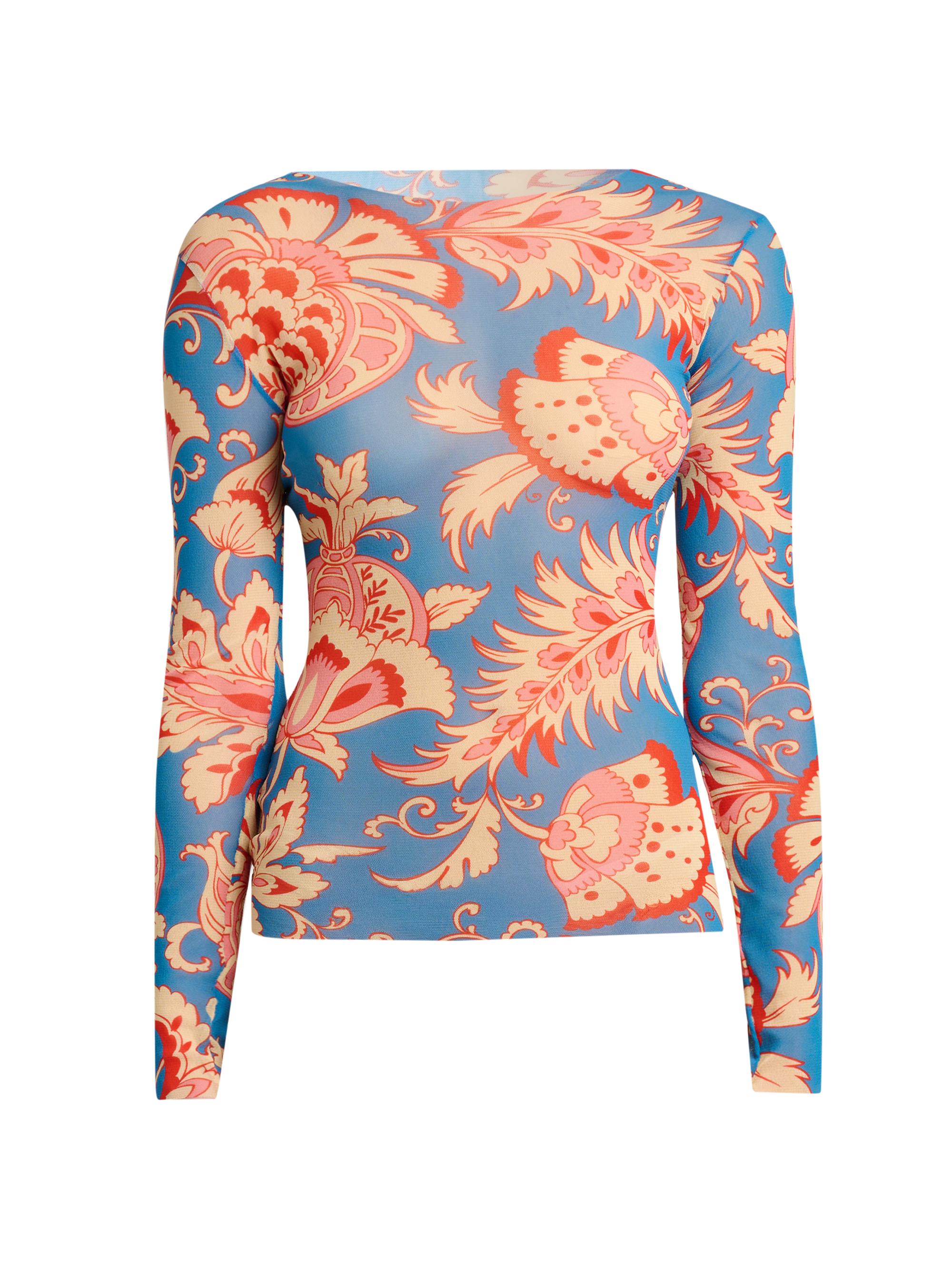 Etro Women's Lotus Print Mesh Long-Sleeve Top - Stampa Do Azzurro