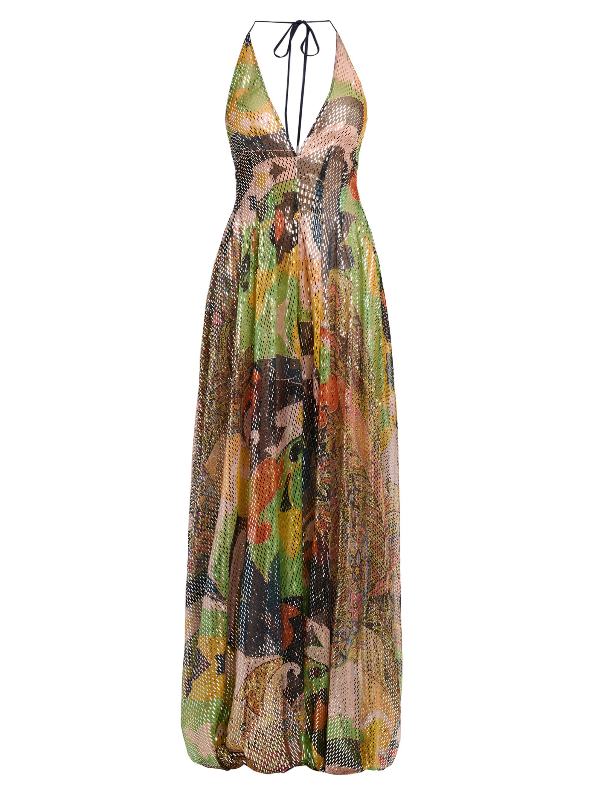 Etro Women's Metallic Lotus Paisley Silk Halter Gown - Stamp Afdo Blu