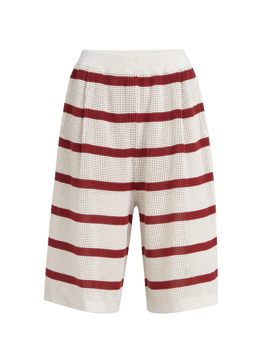 Brunello Cucinelli Women's Cotton Striped Net Knit Bermuda Shorts In Burgundy