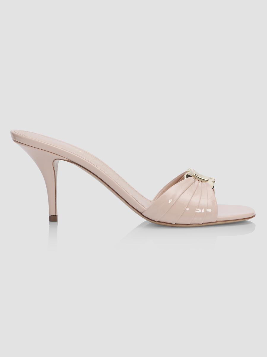Ferragamo Women's Witty 70mm Patent Leather Mule Sandals With Gancini Ornament In Pink