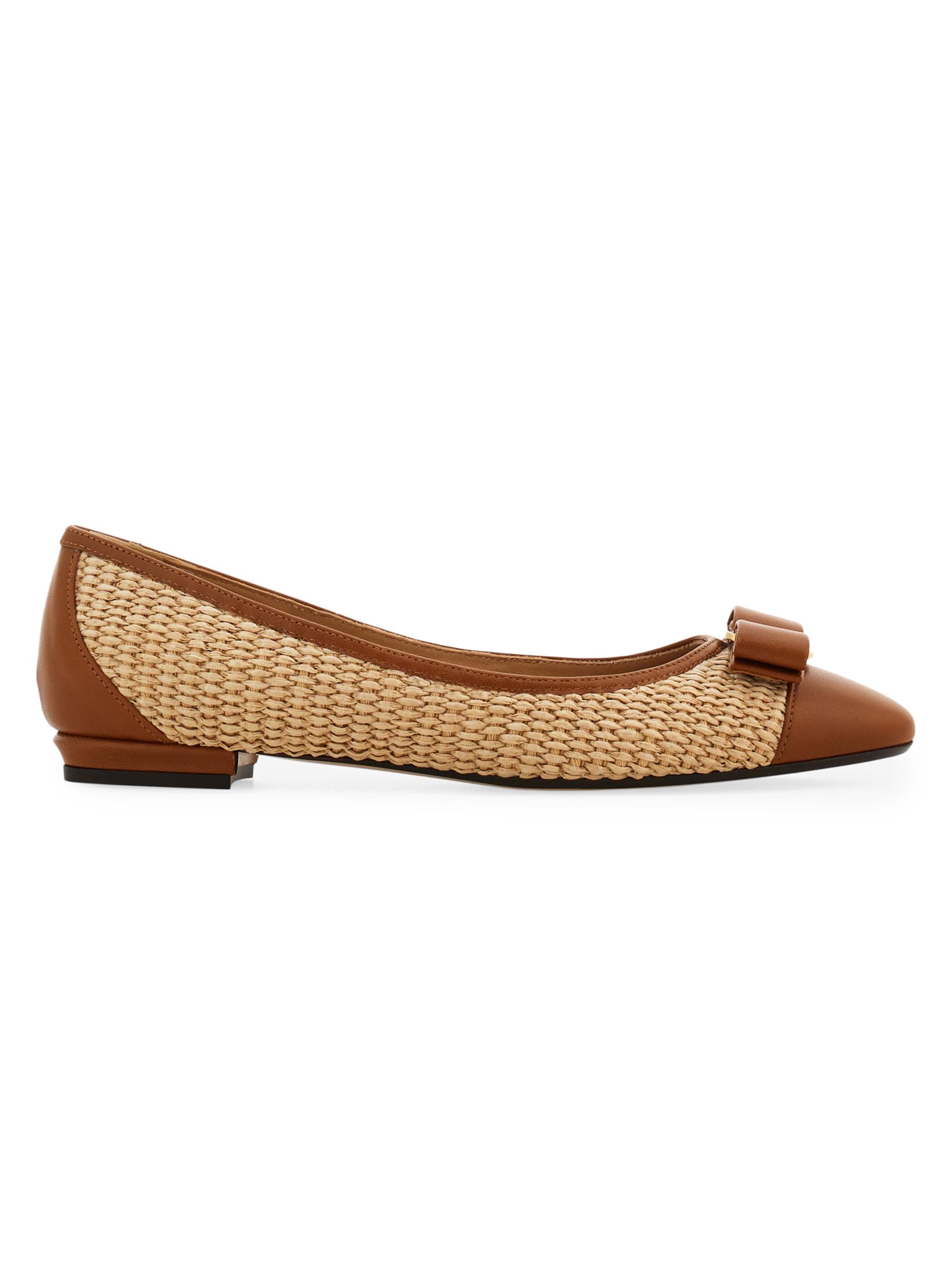 FERRAGAMO Women's Varina 2.0 Raffia & Leather Ballet Flats - Naturale Biscotto