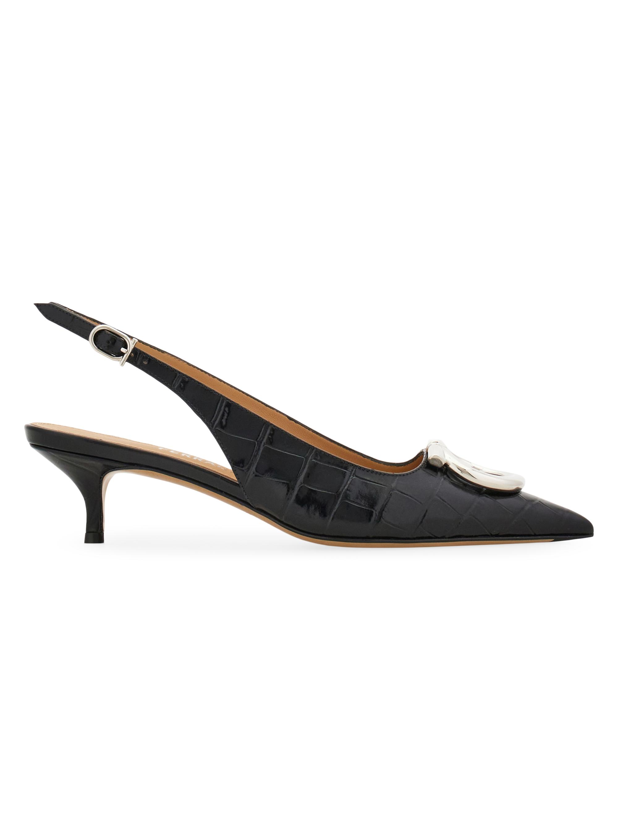 FERRAGAMO Women's Sara 40MM Croc-Embossed Leather Slingback Pumps - Nero Biscotto | Thumbnail 7
