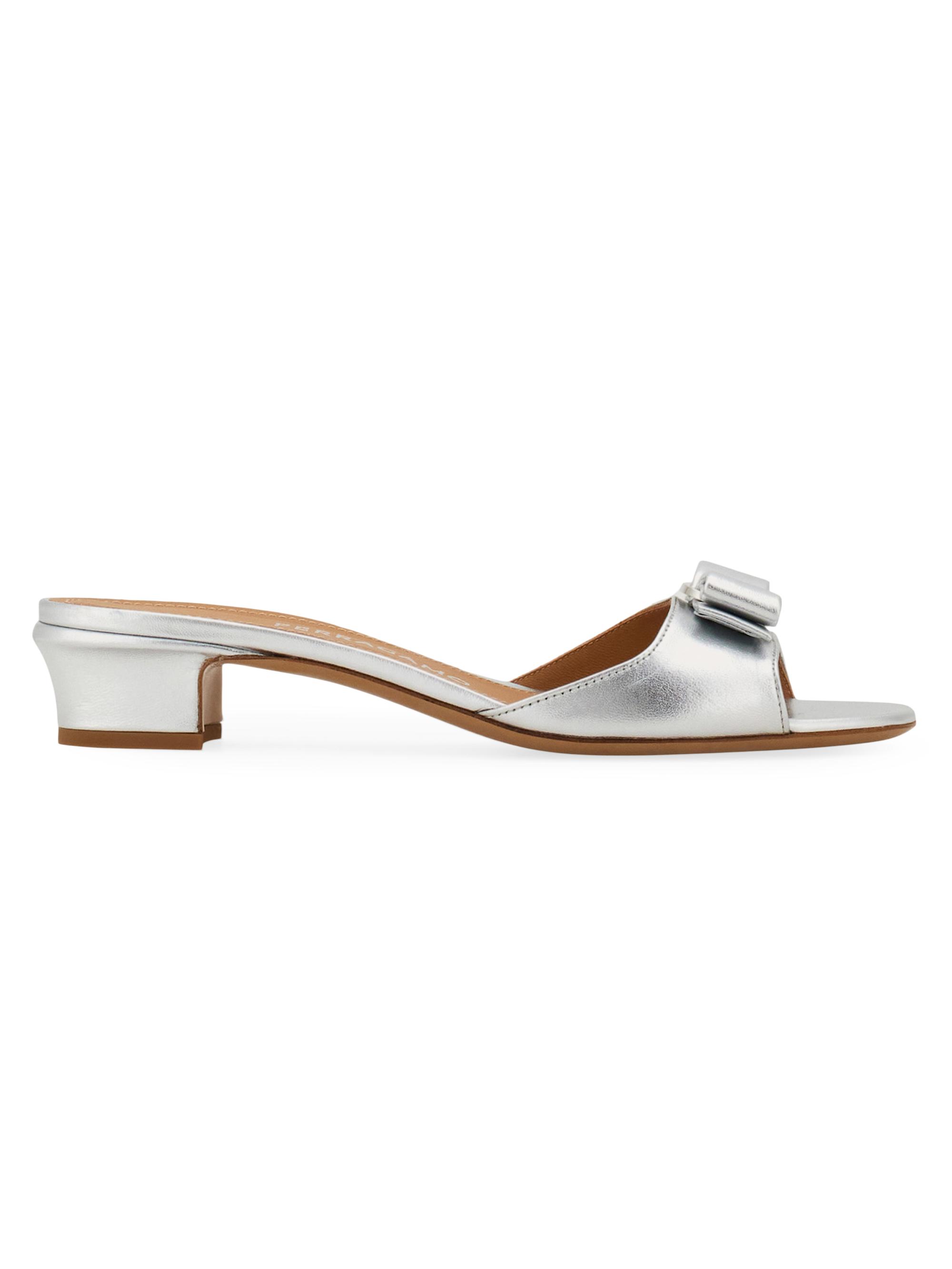 FERRAGAMO Women's Vanilla 25MM Vara-Bow Leather Sandals - Silver Fondo Bianco